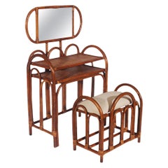 Retro Mid-Century Modern Rattan Vanity Set with Matching Stool in Art Deco Form