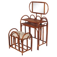 Mid-Century Modern Rattan Vanity Set with Matching Stool in Art Deco Form