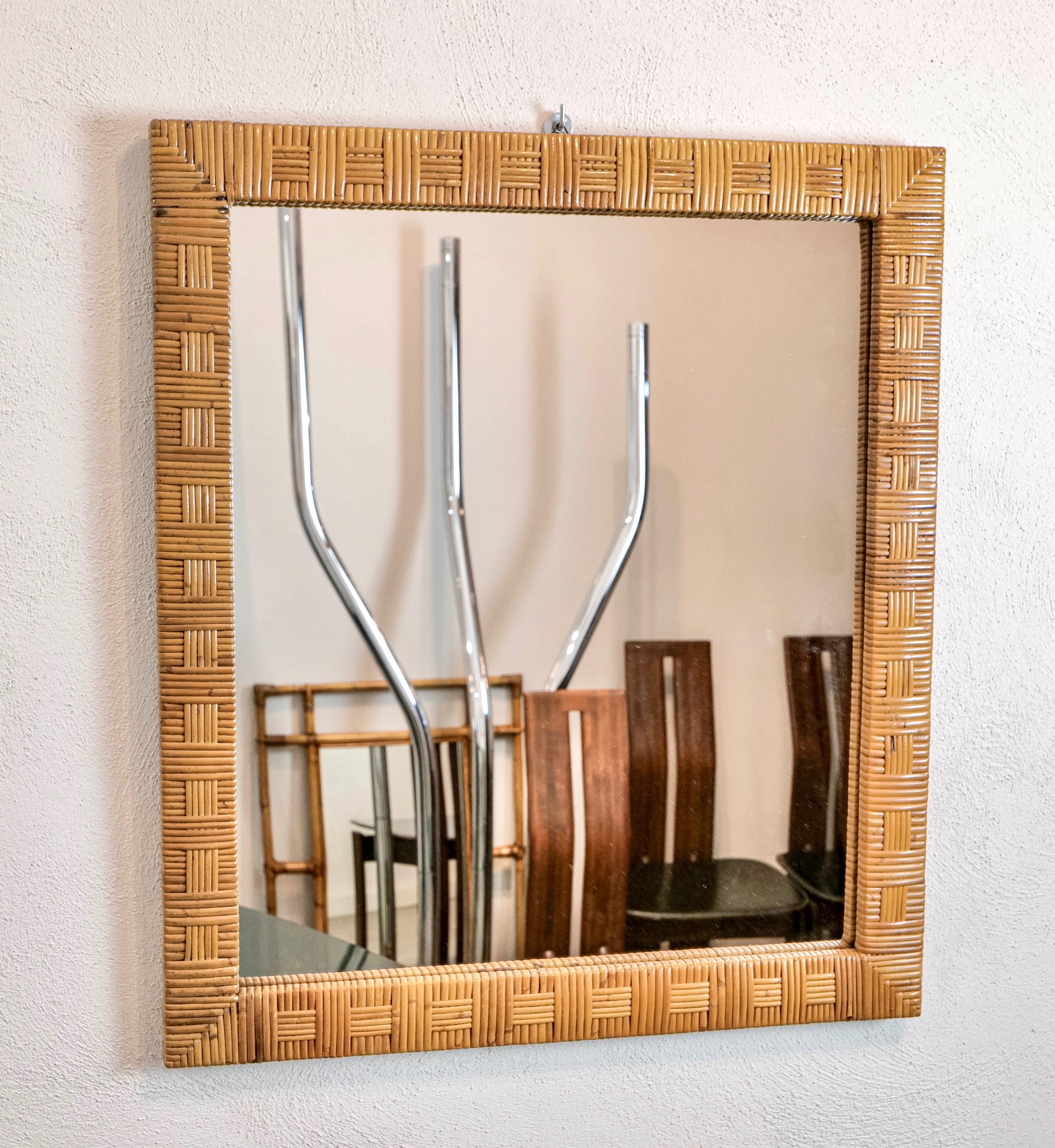 Bamboo Mid-Century Modern Rattan Wall Mirror, Italy, 1970s