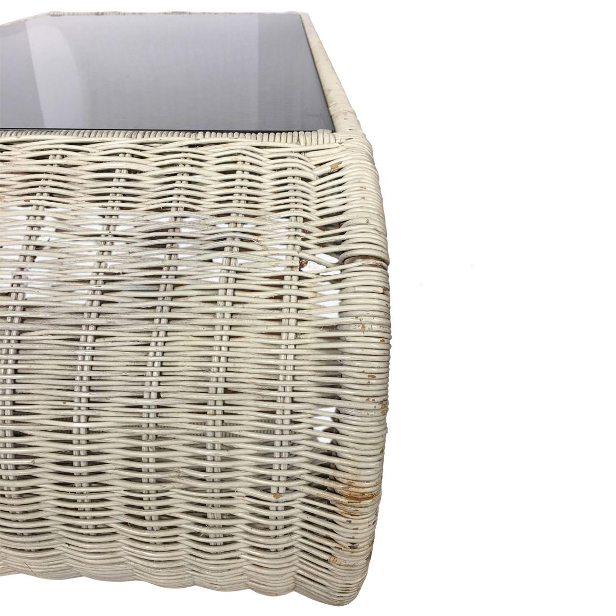 Mid-Century Modern Rattan Wicker and Glass Sculptural Waterfall Coffee Table In Good Condition In Lambertville, NJ