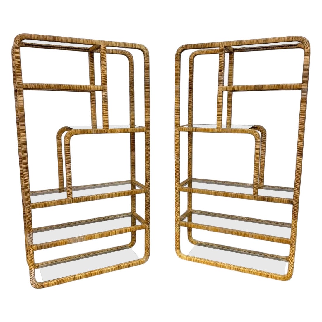 Mid-Century Modern Rattan Woven Etageres - Set of 2