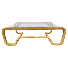 Mid-Century Modern Rattan Wrapped Glass Top Coffee Table