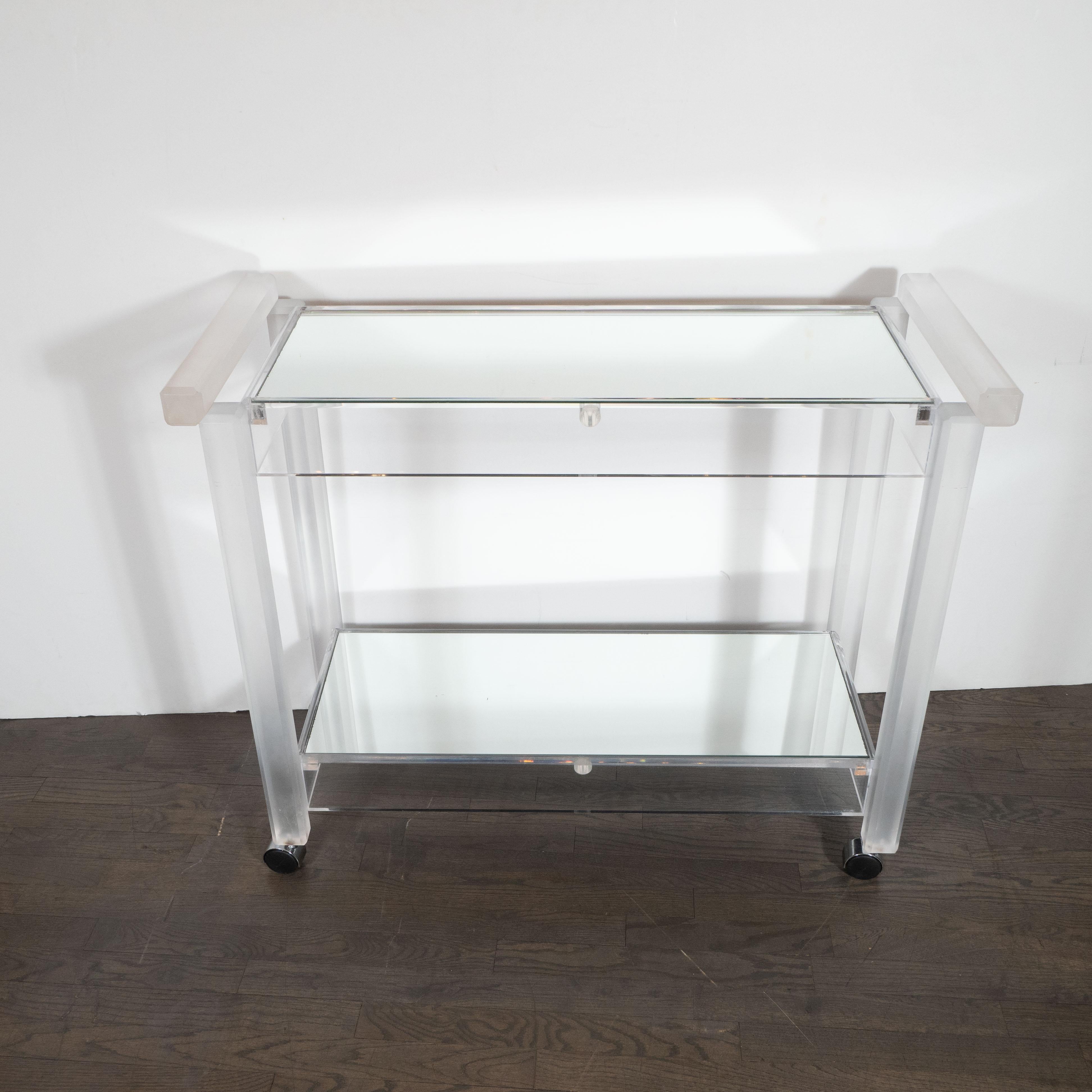 Mid-Century Modern Recilinear Mirrored Lucite Bar Cart by the Lion Frost Company In Excellent Condition In New York, NY