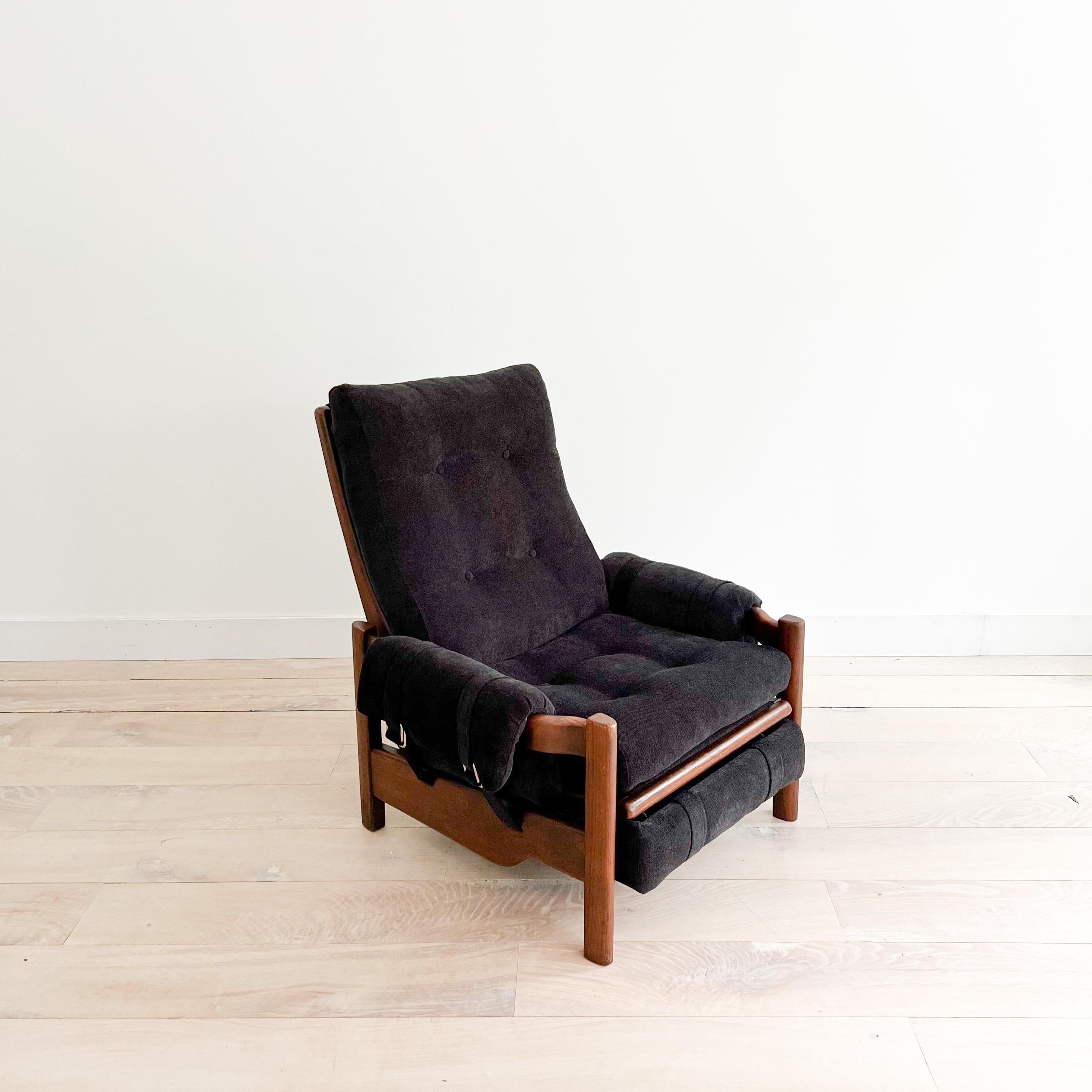 Mid-Century Modern Recliner W/ Wooden Frame, New Black Chenille Upholstery In Good Condition In Asheville, NC