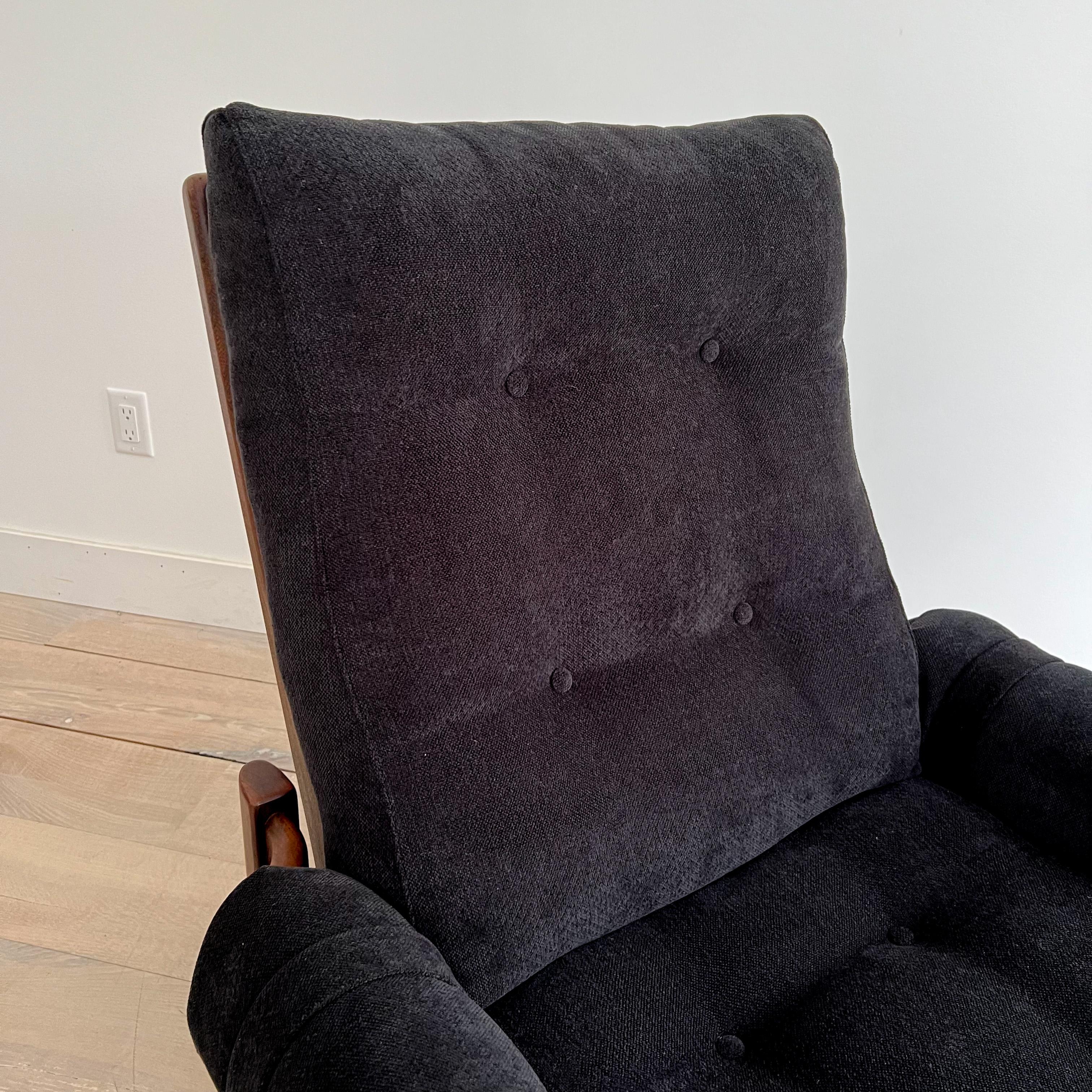 Late 20th Century Mid-Century Modern Recliner W/ Wooden Frame, New Black Chenille Upholstery