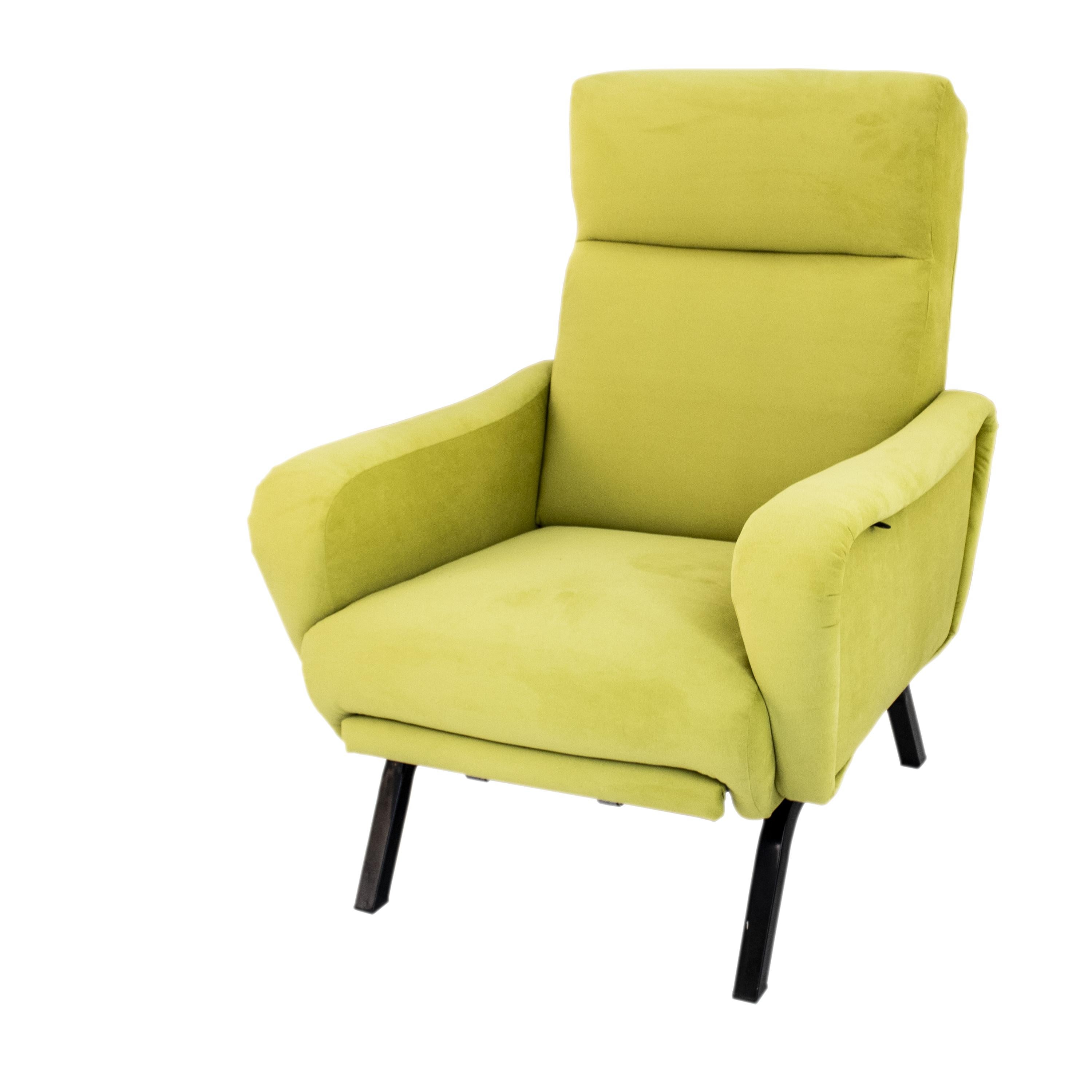This Italian reclinable armchair is made out of a solid metal and wood structure, covered in foam, and upholstered in a bright green velvet fabric. 
It's a comfortable and versatile design that allows the seat to recline and gives the user a more