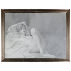 Mid-Century Modern Reclining Nude Female Graphite Portrait by David Hanna