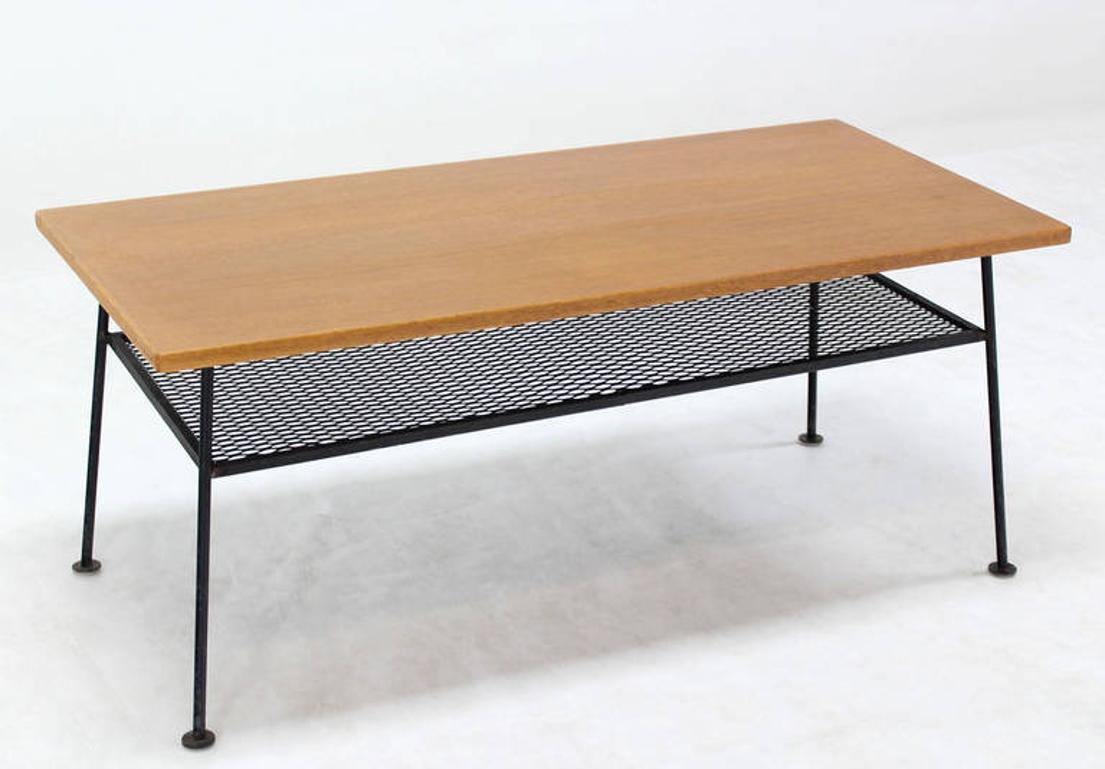 American Mid-Century Modern Rectangle Coffee Table by Freda Diamond Mesh Shelf Wire Legs  For Sale