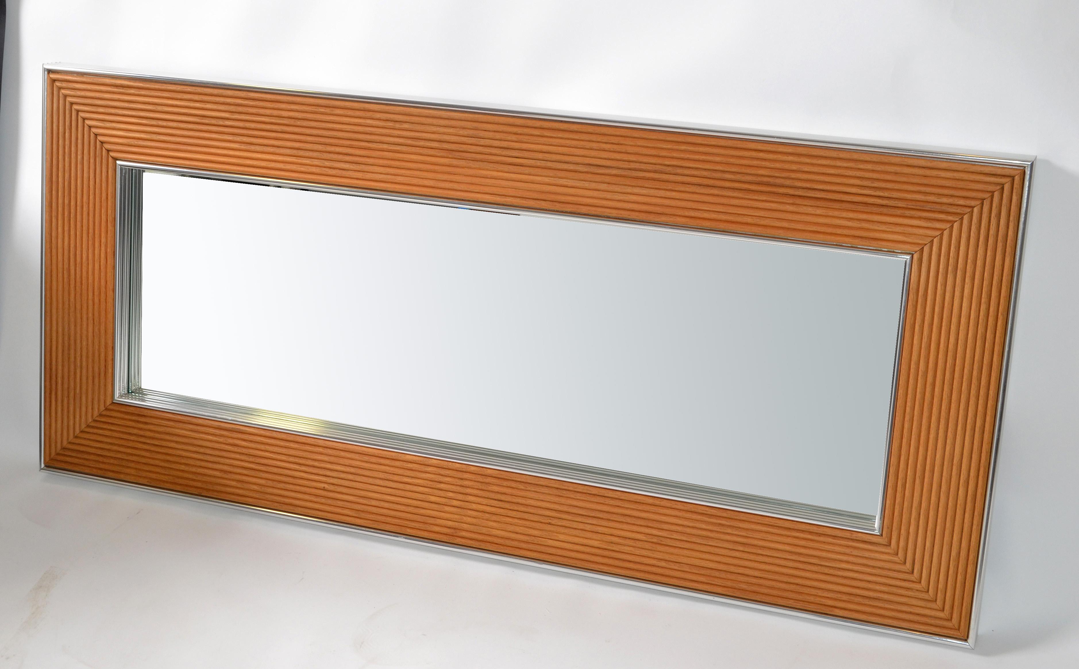 Mid-Century Modern Rectangular Chrome & Bamboo Wall Mirror For Sale 5