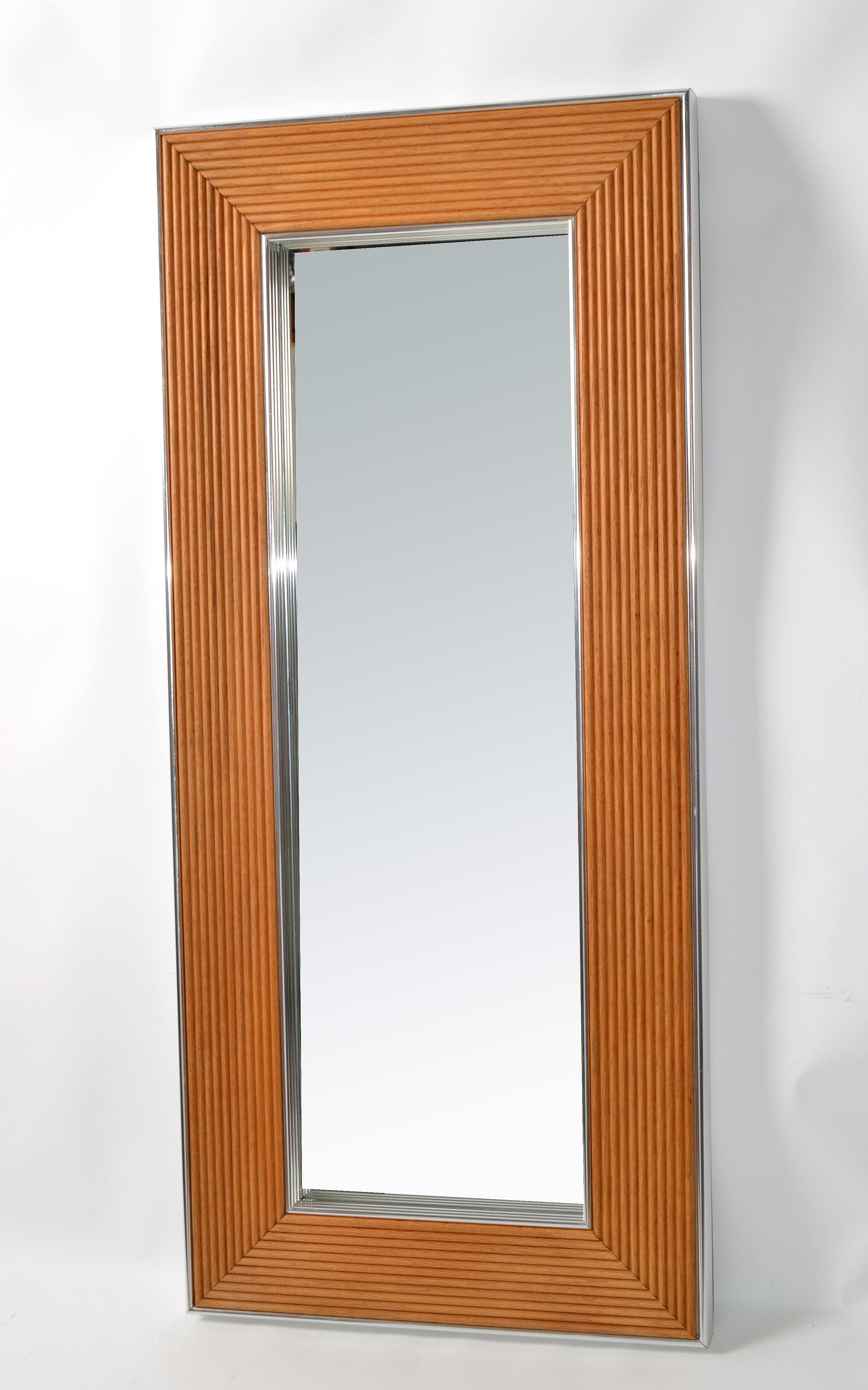 Mid-Century Modern Rectangular Chrome & Bamboo Wall Mirror For Sale 6
