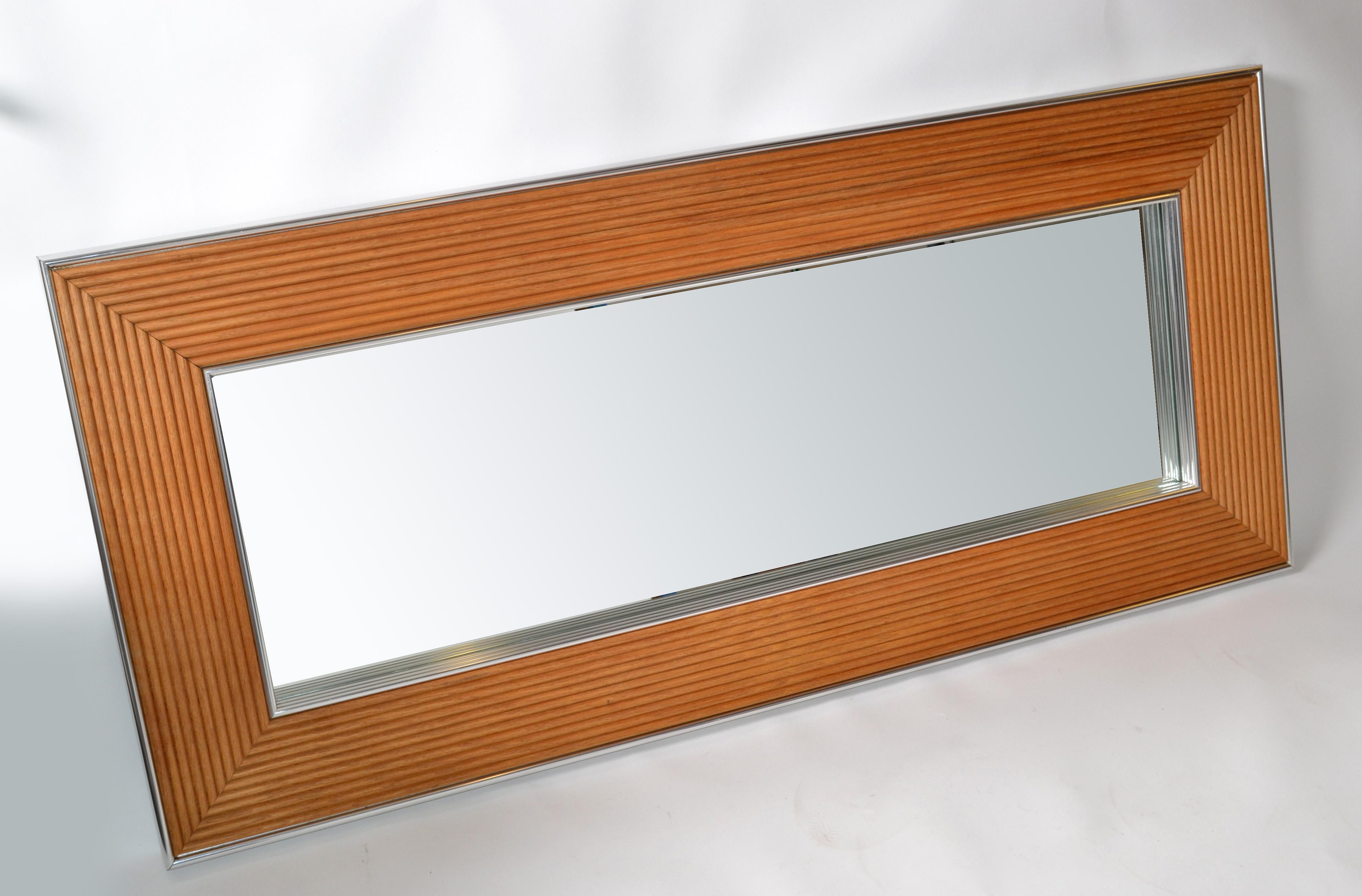 American Mid-Century Modern Rectangular Chrome & Bamboo Wall Mirror For Sale