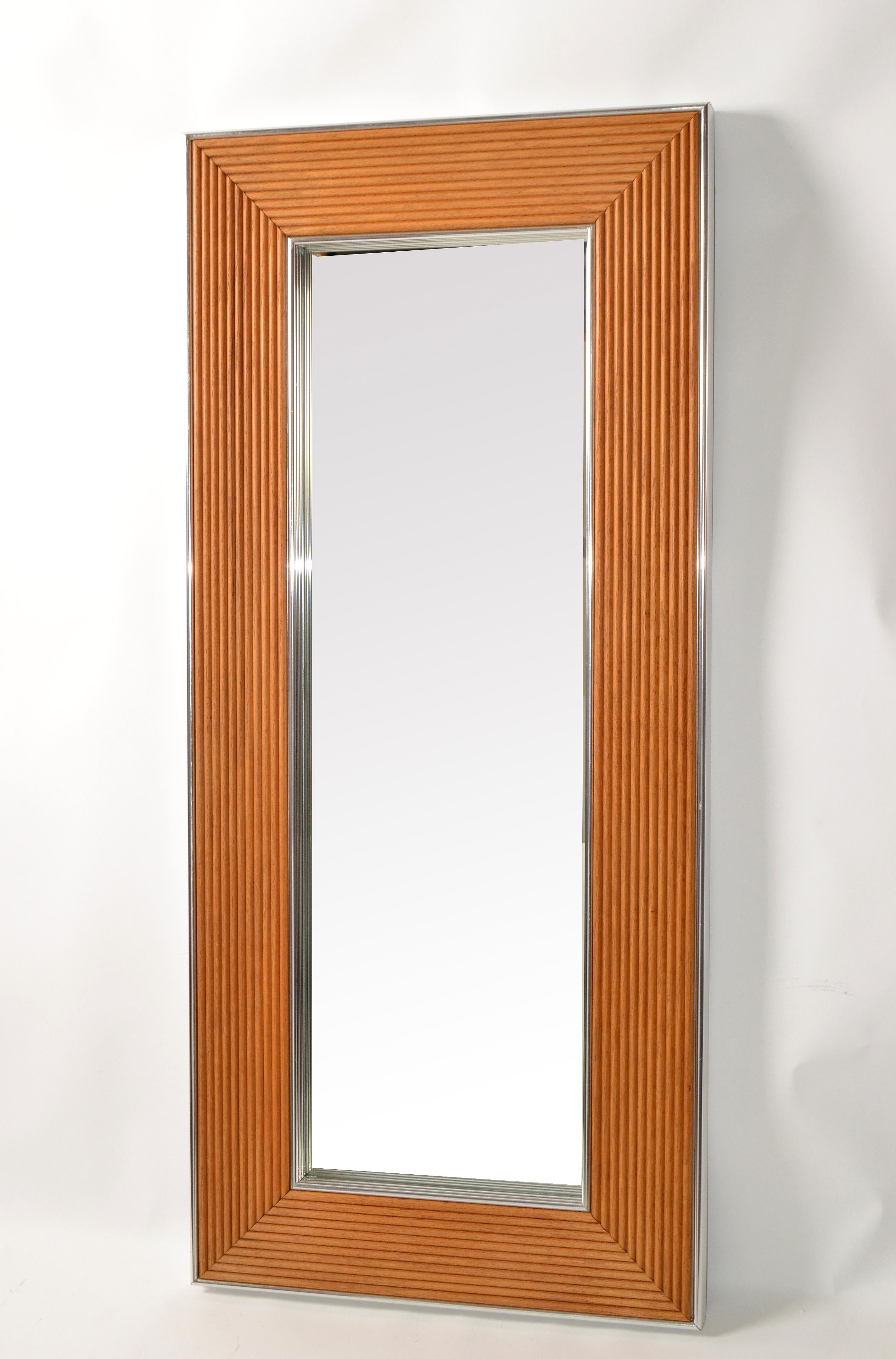 Hand-Crafted Mid-Century Modern Rectangular Chrome & Bamboo Wall Mirror For Sale