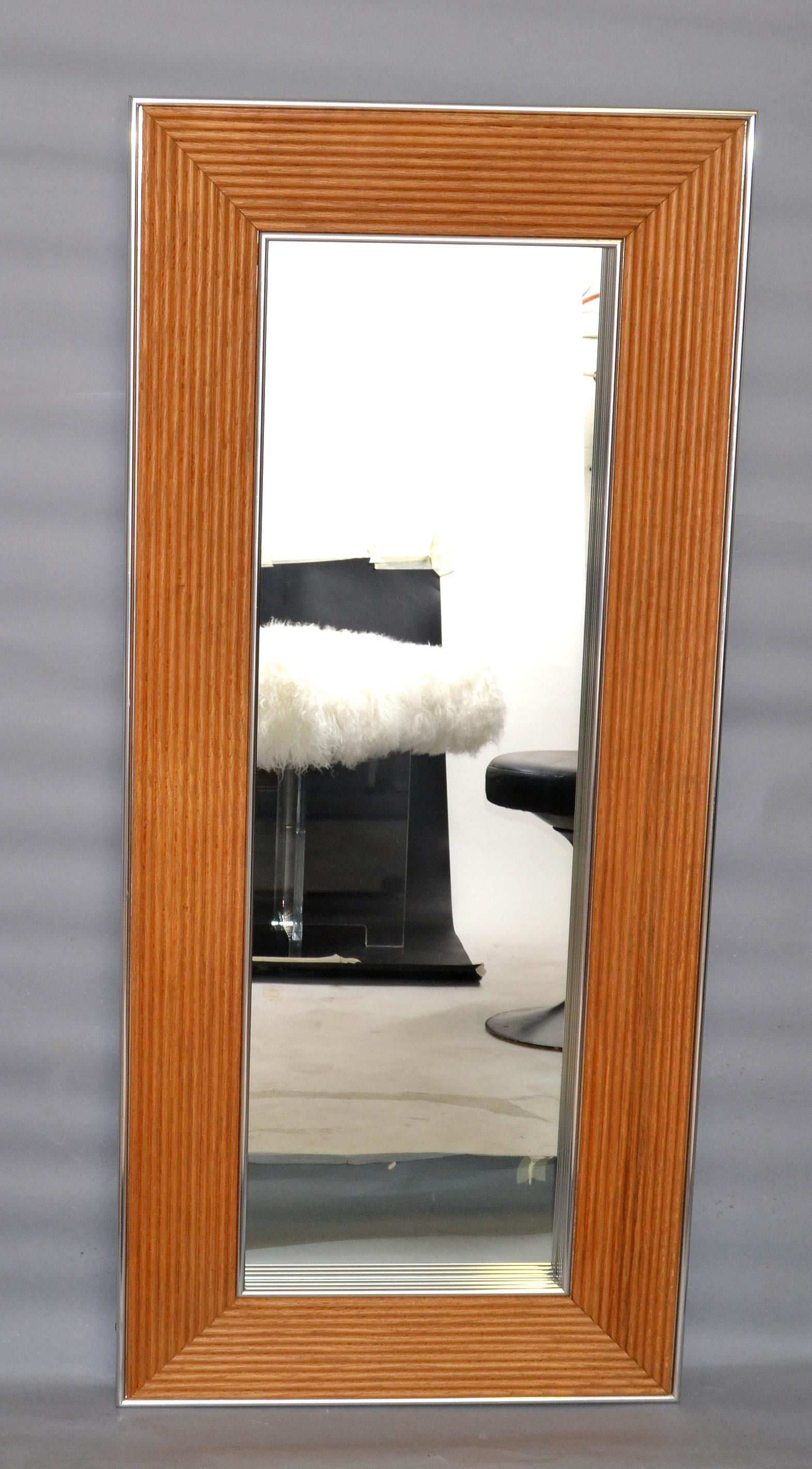 Mid-Century Modern Rectangular Chrome & Bamboo Wall Mirror In Good Condition For Sale In Miami, FL