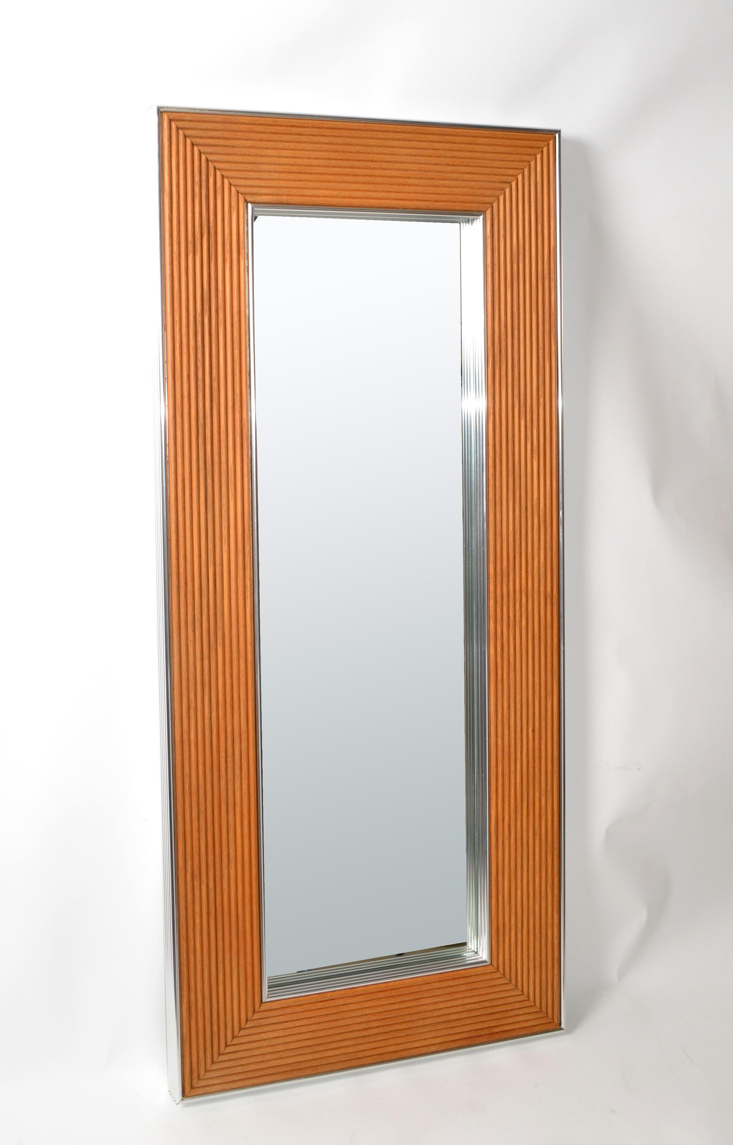 Late 20th Century Mid-Century Modern Rectangular Chrome & Bamboo Wall Mirror For Sale