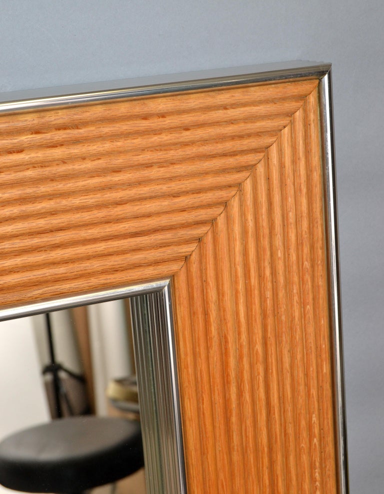 MidCentury Modern Rectangular Chrome and Bamboo Wall Mirror For Sale