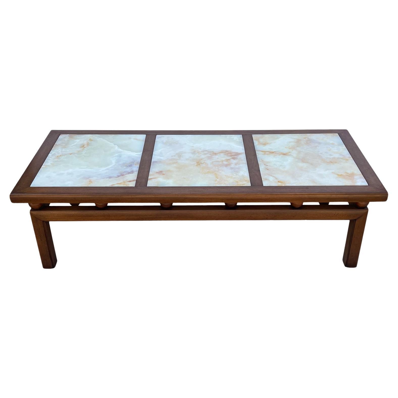 Mid-Century Modern Rectangular Cocktail Table in Walnut with Onyx Marble For Sale