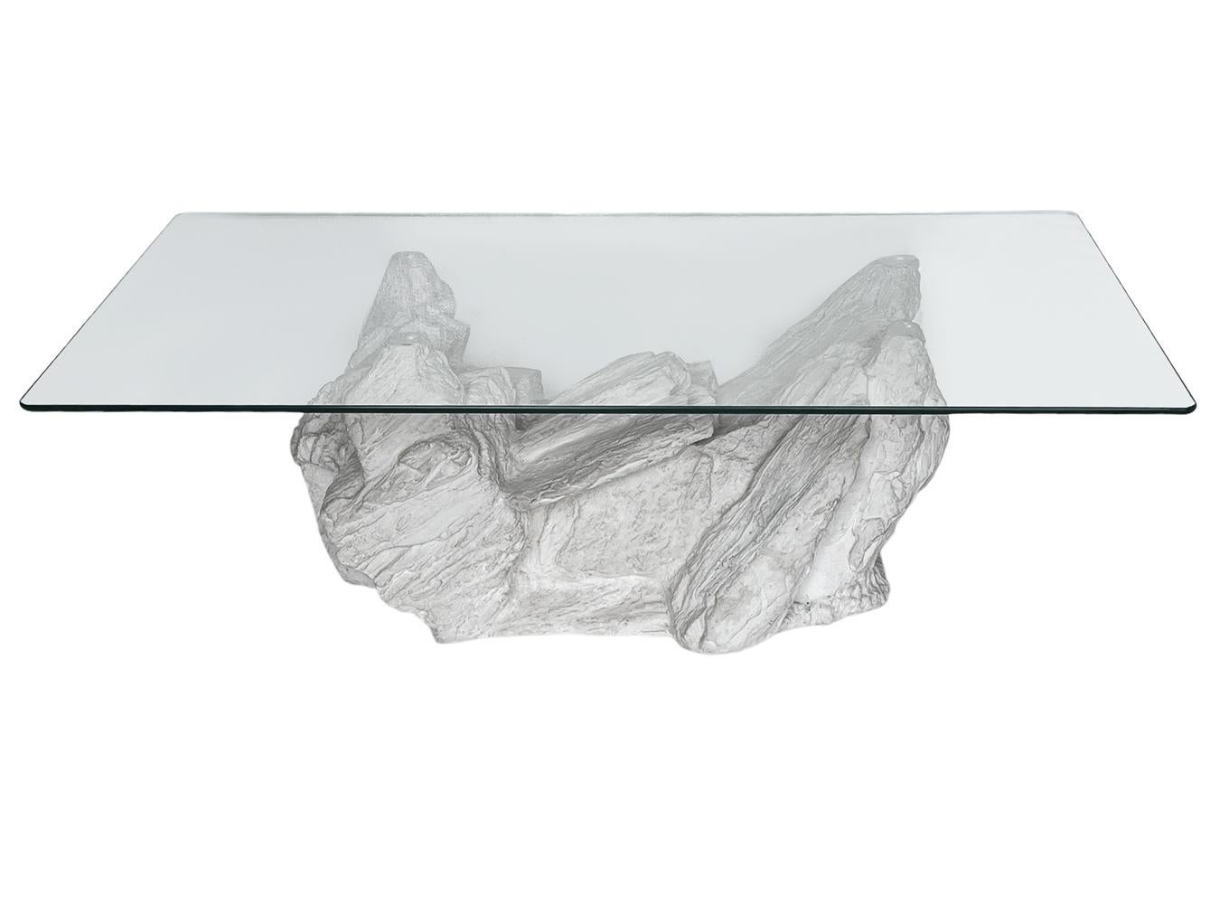 Glass Mid Century Modern Rectangular Coffee Table after Sirmos in Plaster Rock Form For Sale