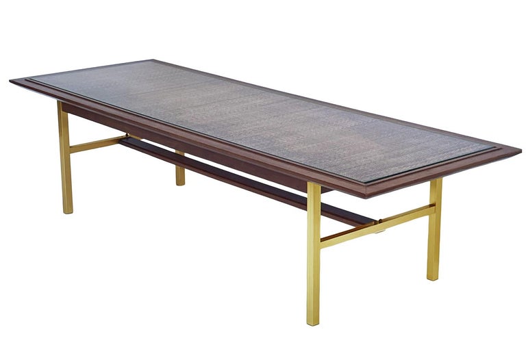 American Mid-Century Modern Rectangular Coffee Table in Walnut, Brass & Cane after McCobb For Sale