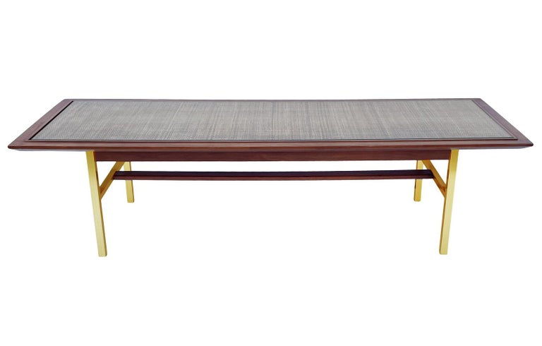 Mid-20th Century Mid-Century Modern Rectangular Coffee Table in Walnut, Brass & Cane after McCobb For Sale