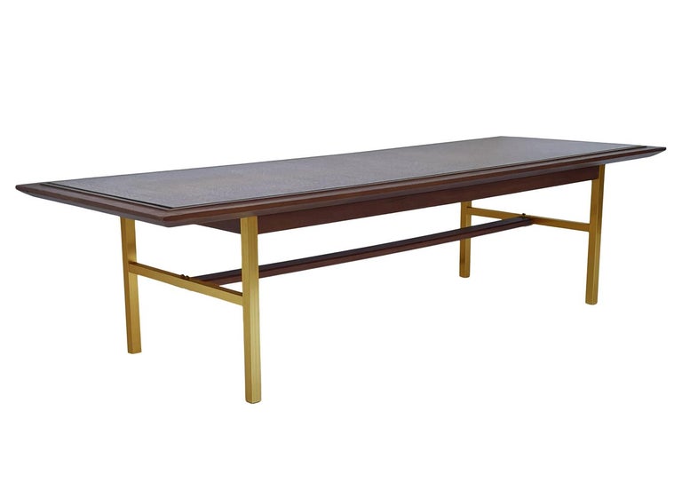 Mid-Century Modern Rectangular Coffee Table in Walnut, Brass & Cane after McCobb For Sale 1