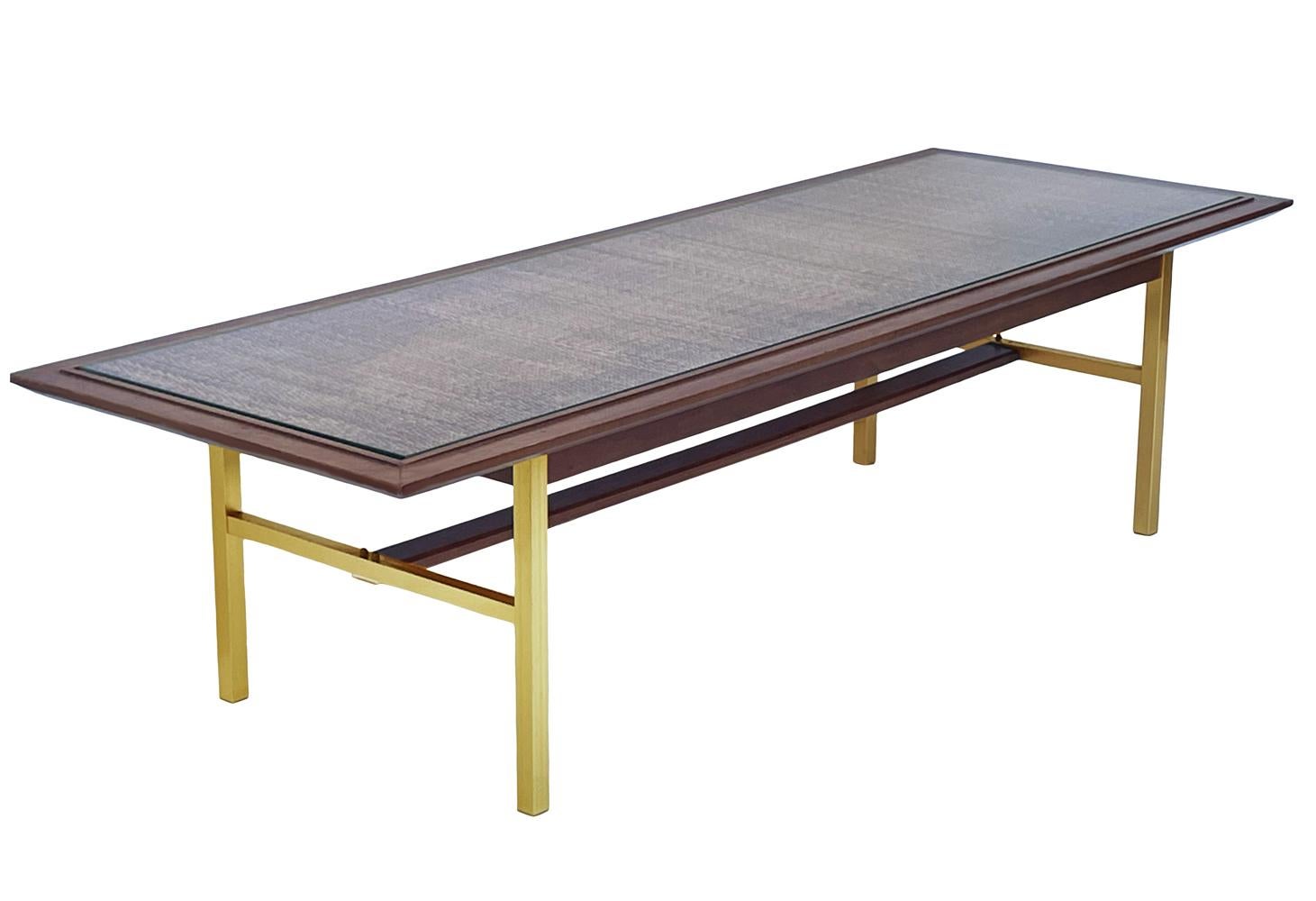Mid-Century Modern Rectangular Coffee Table in Walnut, Brass & Cane after McCobb For Sale 2