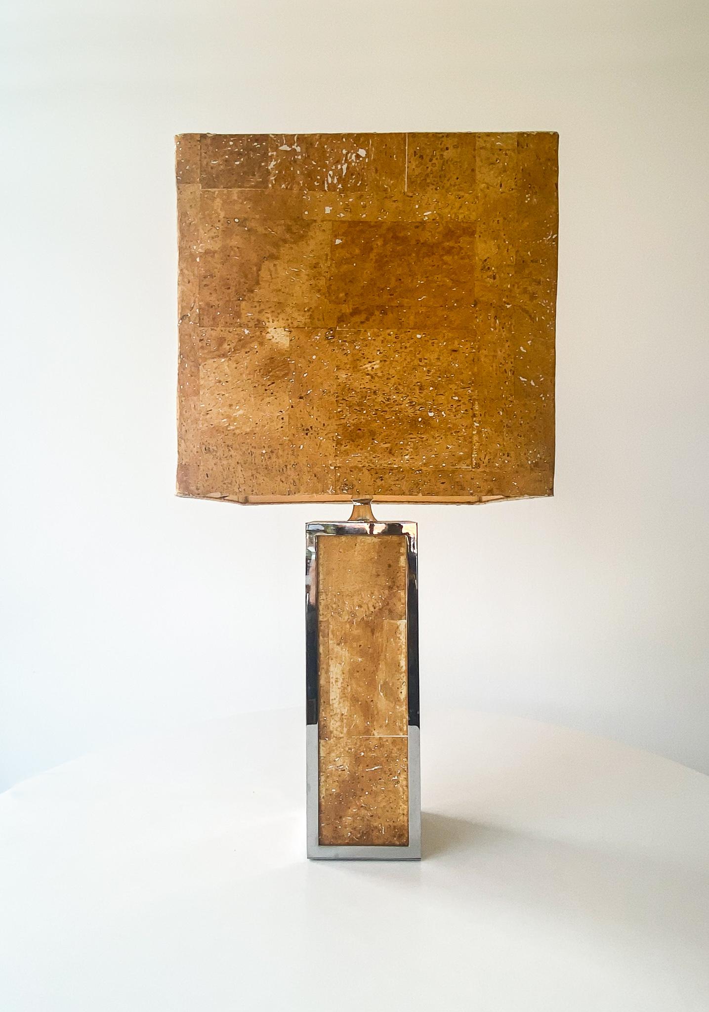 Mid-Century Modern Rectangular Cork Chrome Table Lamp, Italy 1970s For Sale 5