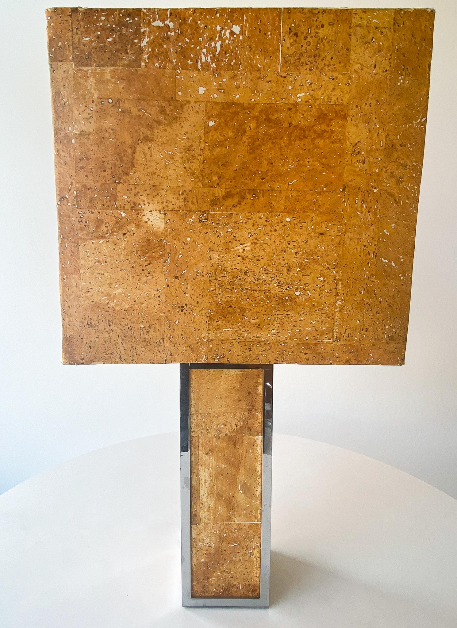 Italian Mid-Century Modern Rectangular Cork Chrome Table Lamp, Italy 1970s For Sale