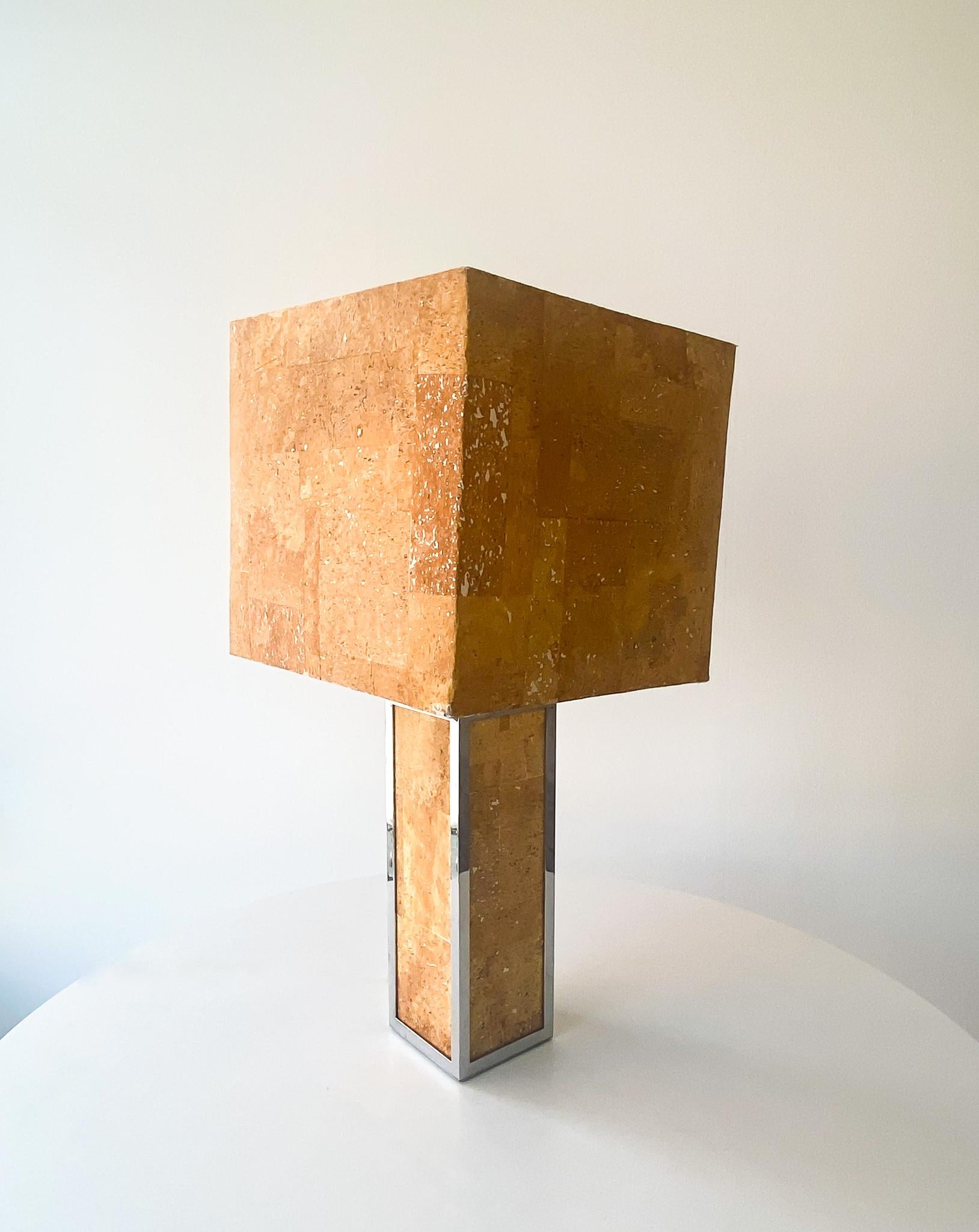 Mid-Century Modern Rectangular Cork Chrome Table Lamp, Italy 1970s In Fair Condition For Sale In Vienna, AT
