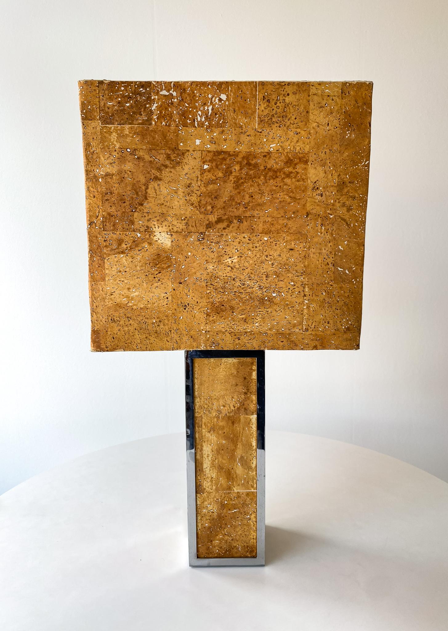 Mid-Century Modern Rectangular Cork Chrome Table Lamp, Italy 1970s For Sale 2