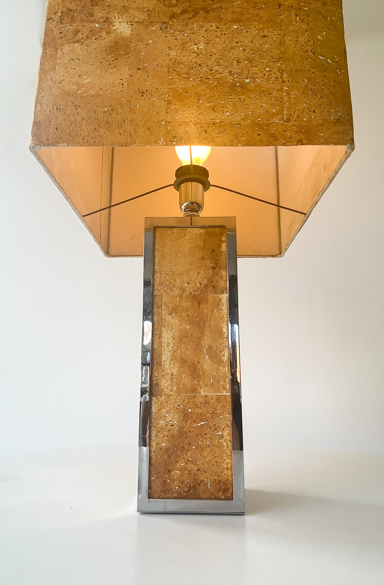 Mid-Century Modern Rectangular Cork Chrome Table Lamp, Italy 1970s For Sale 4