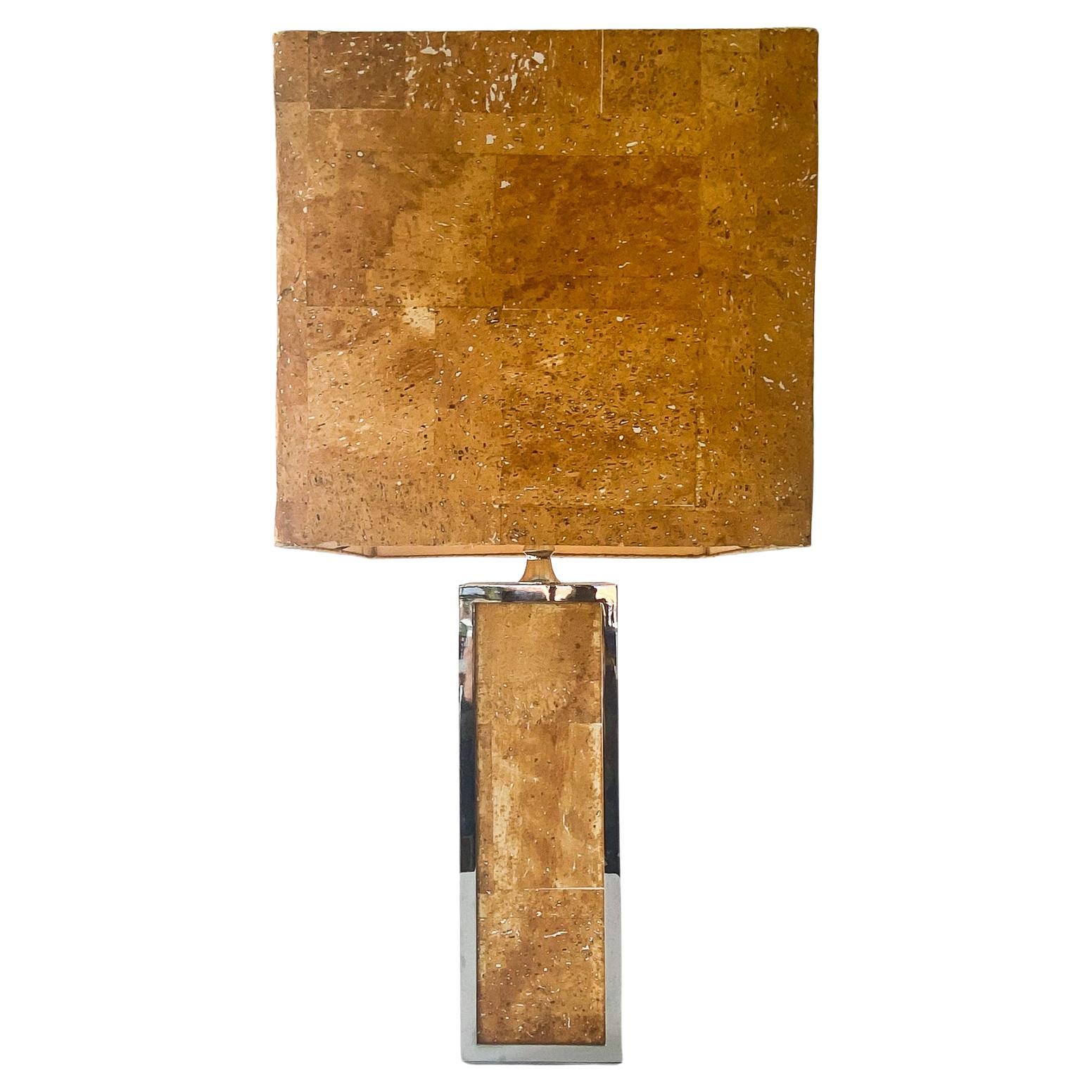 Mid-Century Modern Rectangular Cork Chrome Table Lamp, Italy 1970s