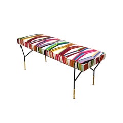 Mid Century Modern Rectangular Footstool with Geometric Multicoloured Fabric