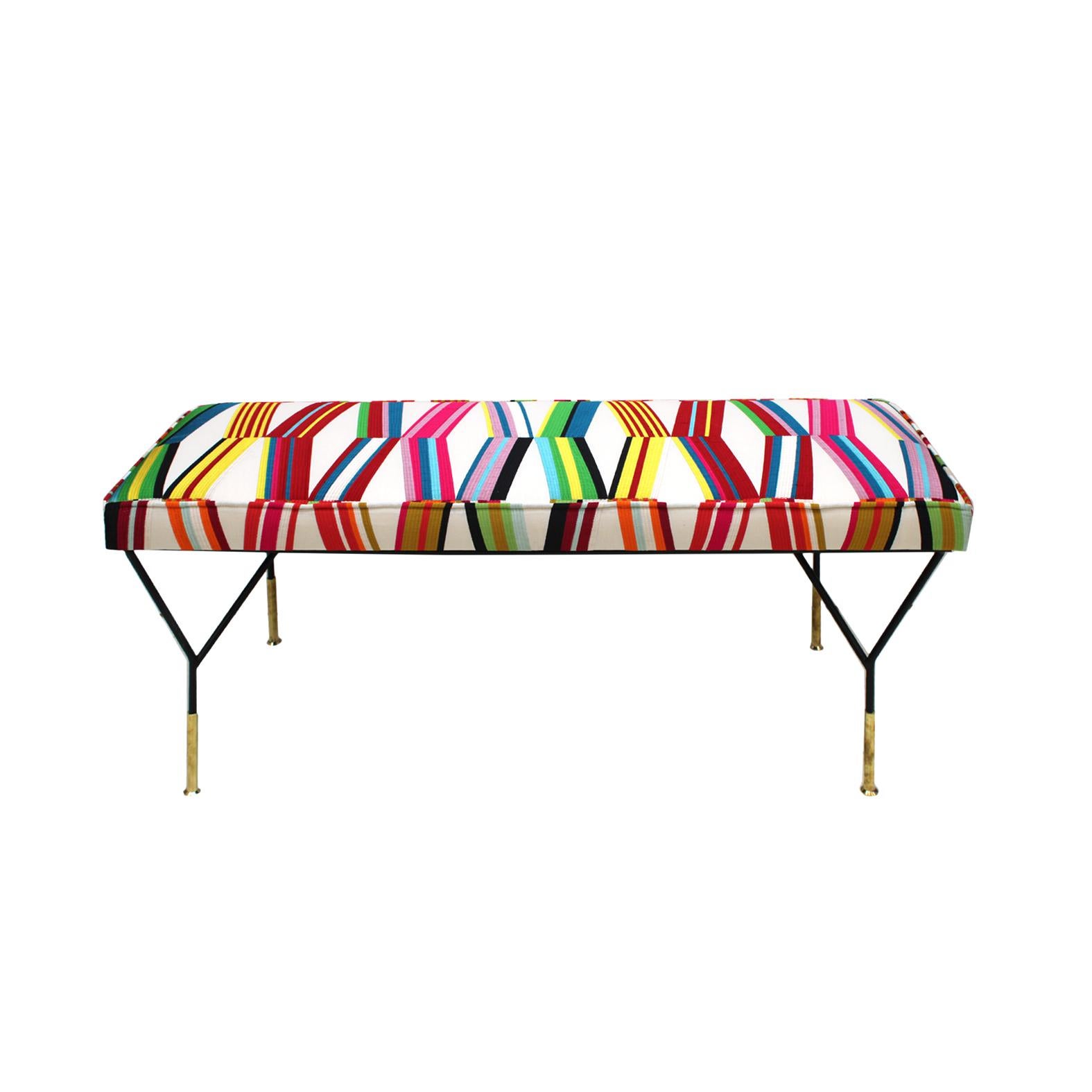Mid-Century Modern Mid Century Modern Rectangular Footstool with Geometric Multicoloured Fabric  For Sale