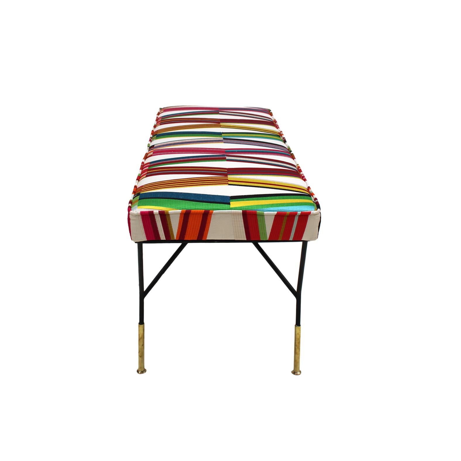 Italian Mid Century Modern Rectangular Footstool with Geometric Multicoloured Fabric  For Sale