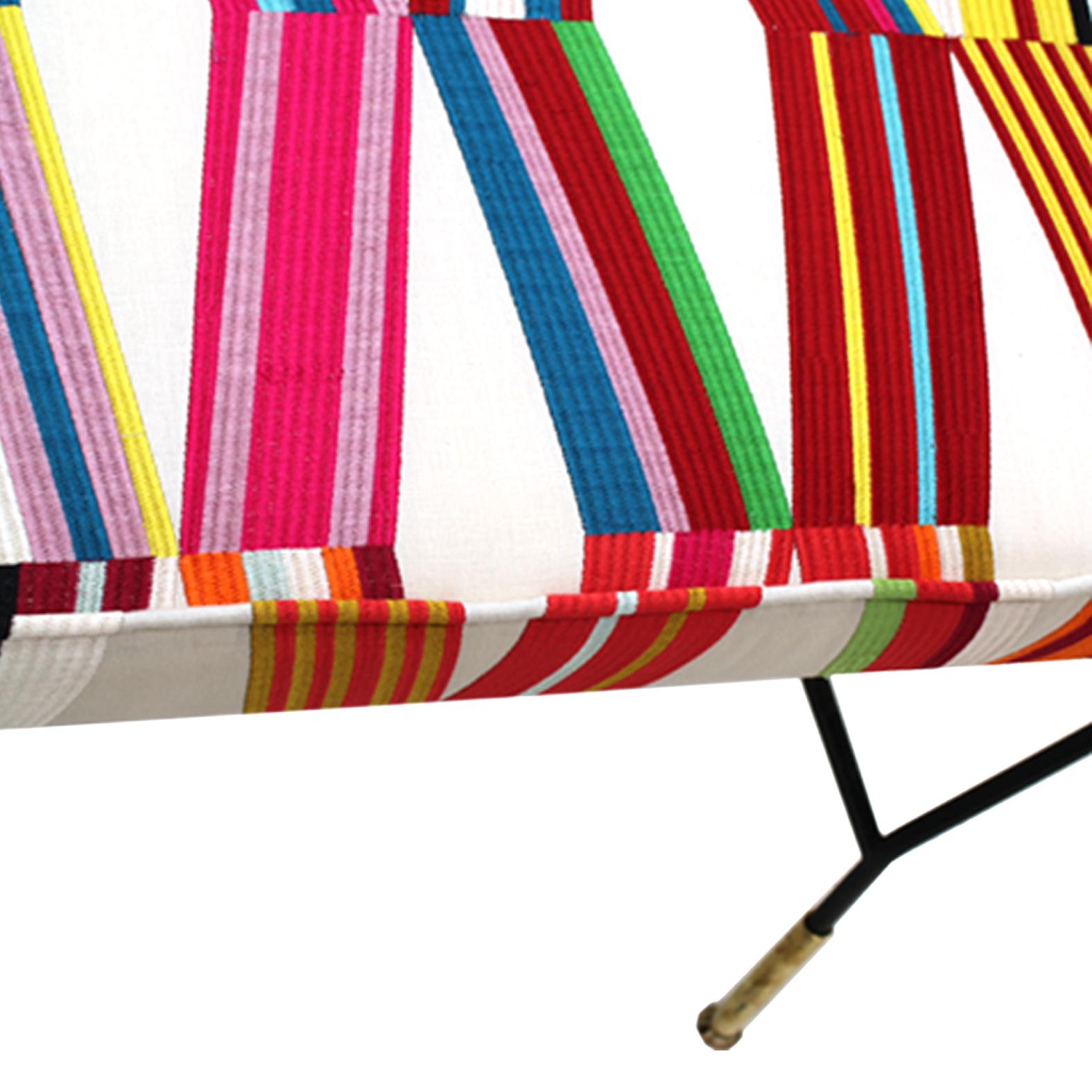 20th Century Mid Century Modern Rectangular Footstool with Geometric Multicoloured Fabric  For Sale