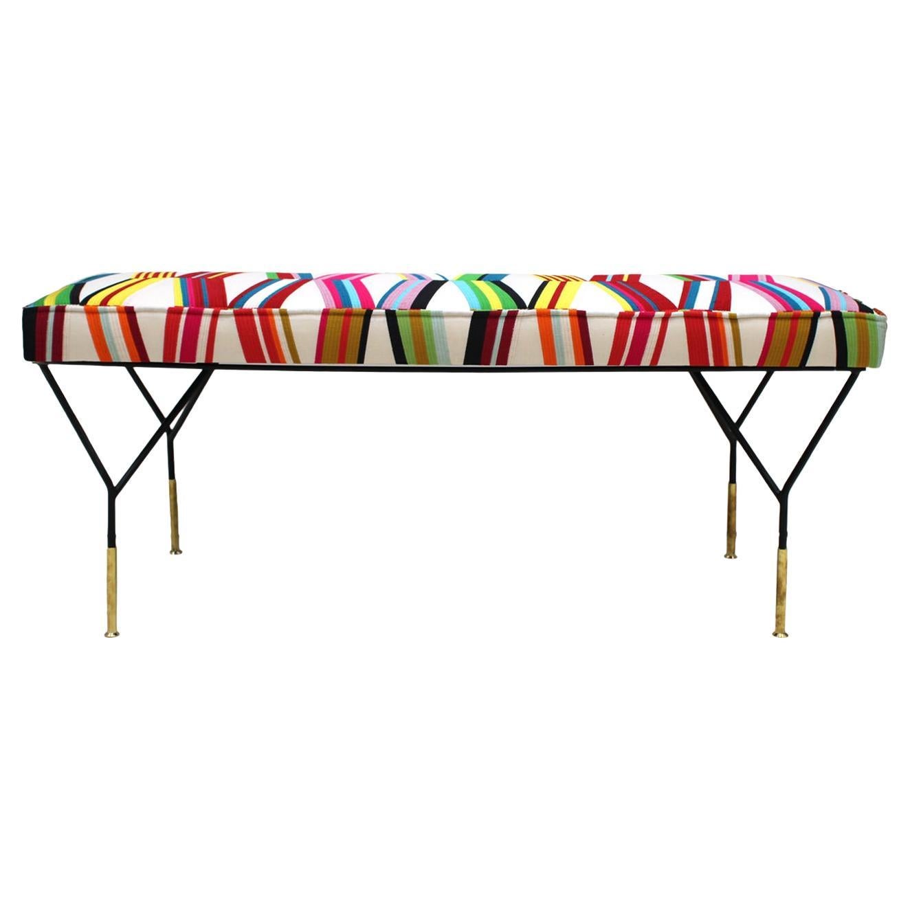 Mid Century Modern Rectangular Footstool with Geometric Multicoloured Fabric  For Sale