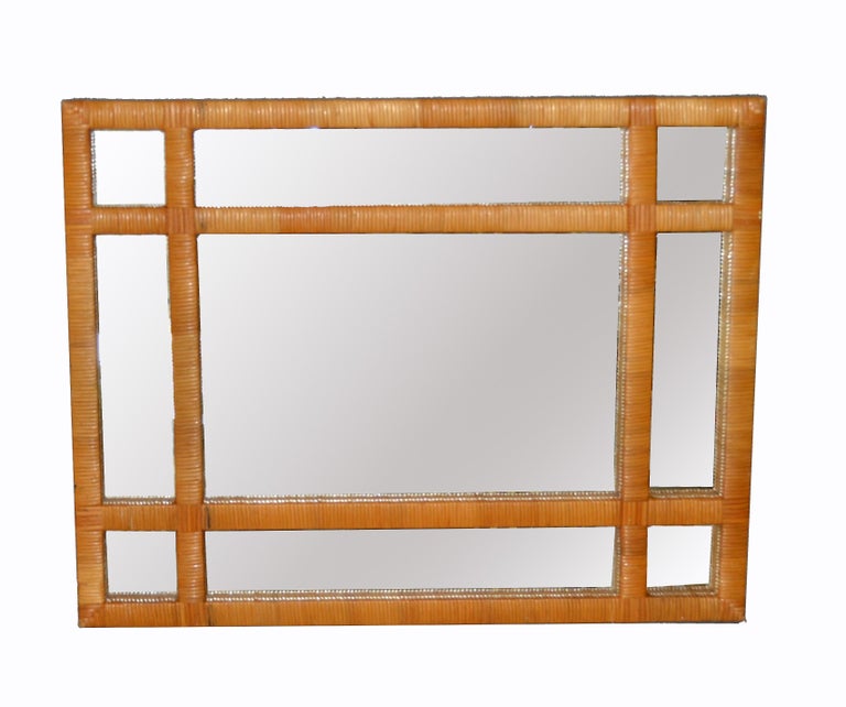 MidCentury Modern Rectangular Handwoven Rattan Wicker Wall Mirror For