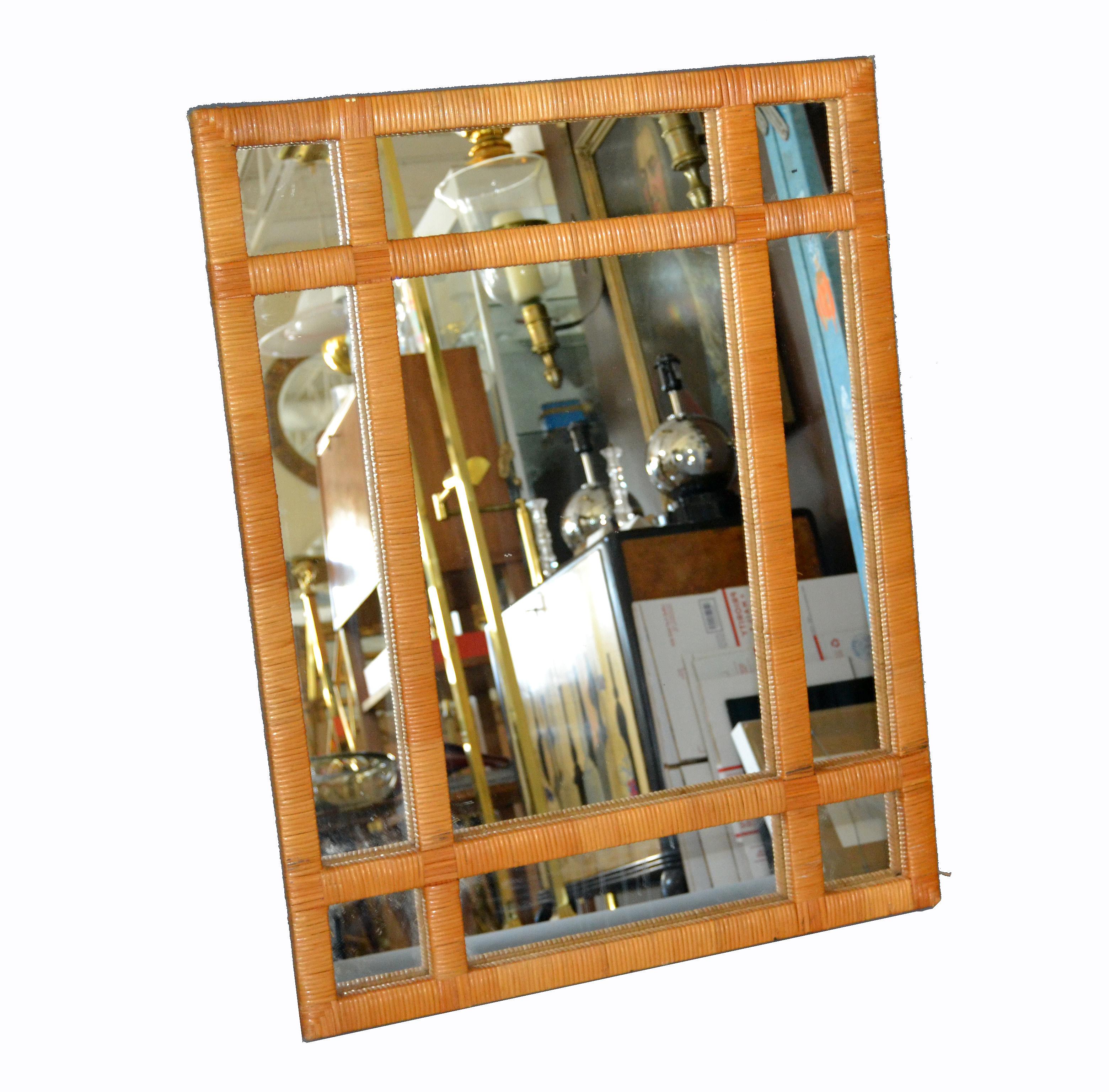 Hand-Woven Mid-Century Modern Rectangular Handwoven Rattan Wicker Wall Mirror