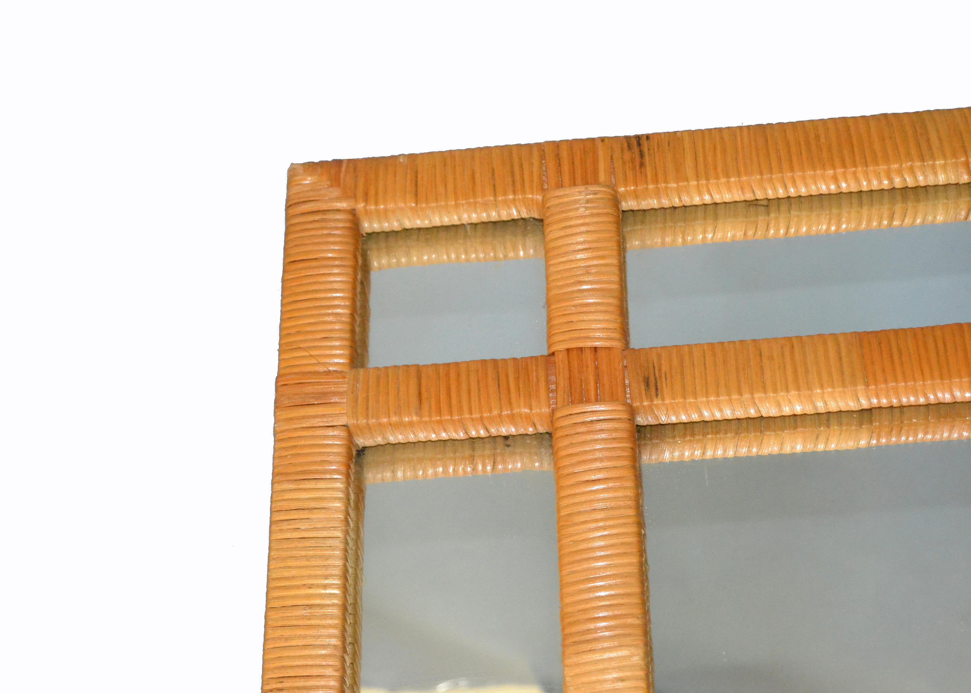 Late 20th Century Mid-Century Modern Rectangular Handwoven Rattan Wicker Wall Mirror