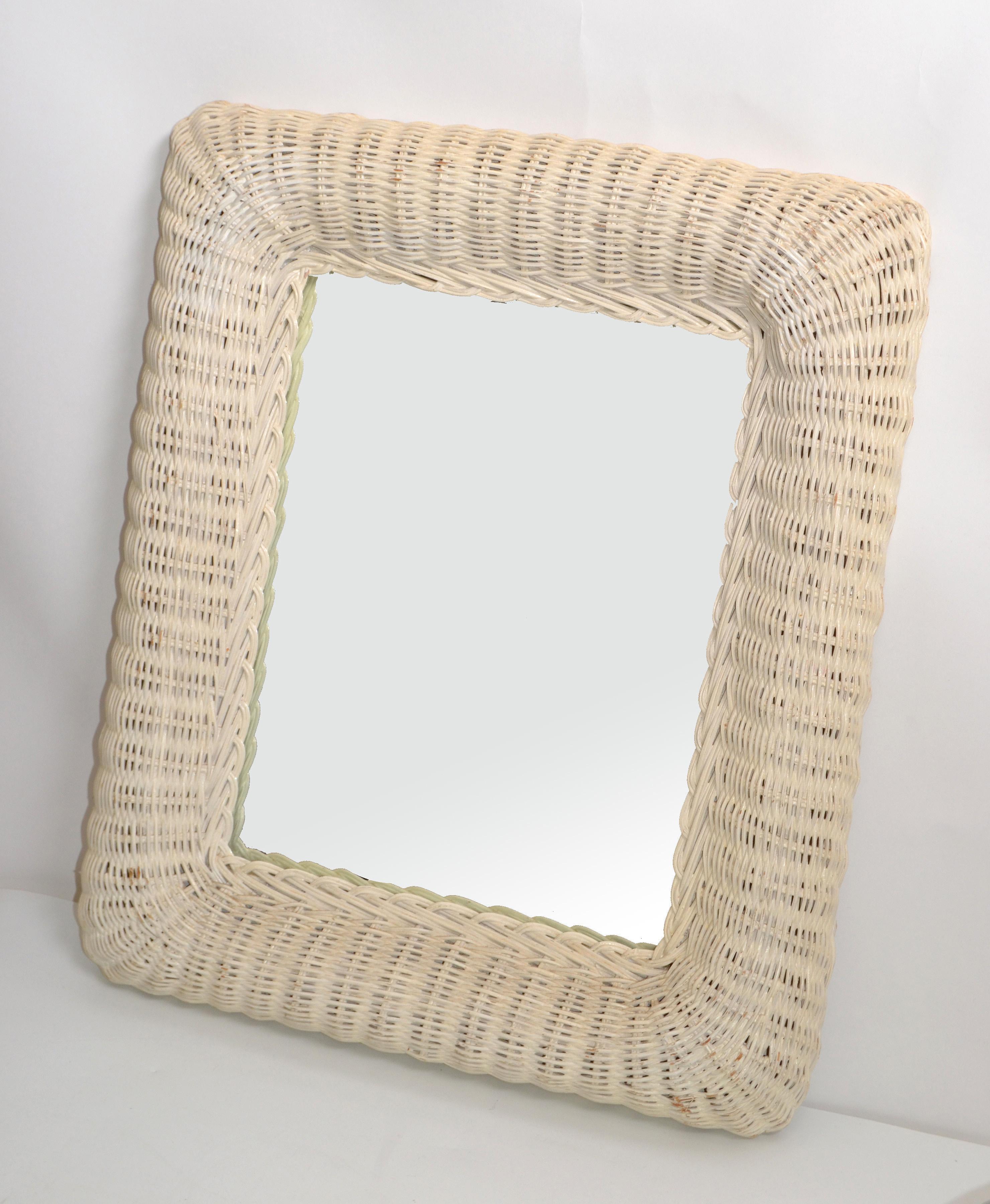 Mid-Century Modern Rectangular Handmade White Finished Wicker & Wood Wall Mirror For Sale 1