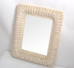 Mid-Century Modern Rectangular Handmade White Finished Wicker & Wood Wall Mirror
