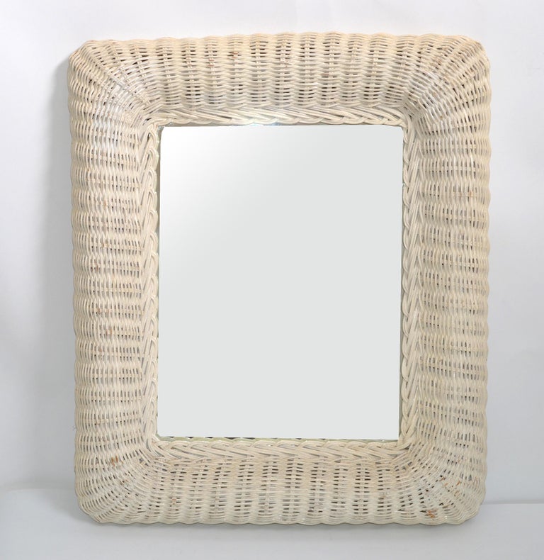 MidCentury Modern Rectangular Handmade White Finished Wicker and Wood