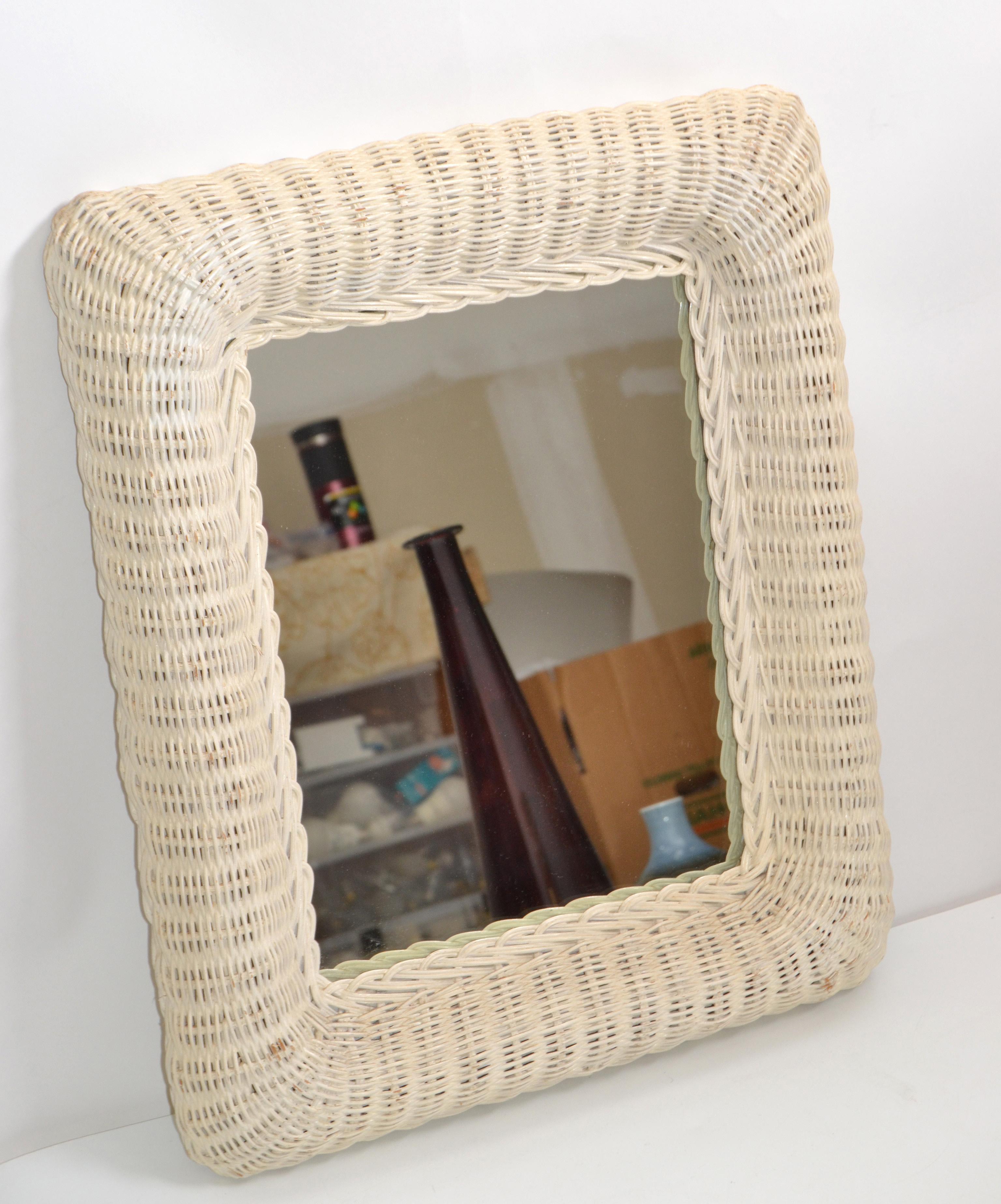 Painted Mid-Century Modern Rectangular Handmade White Finished Wicker & Wood Wall Mirror For Sale
