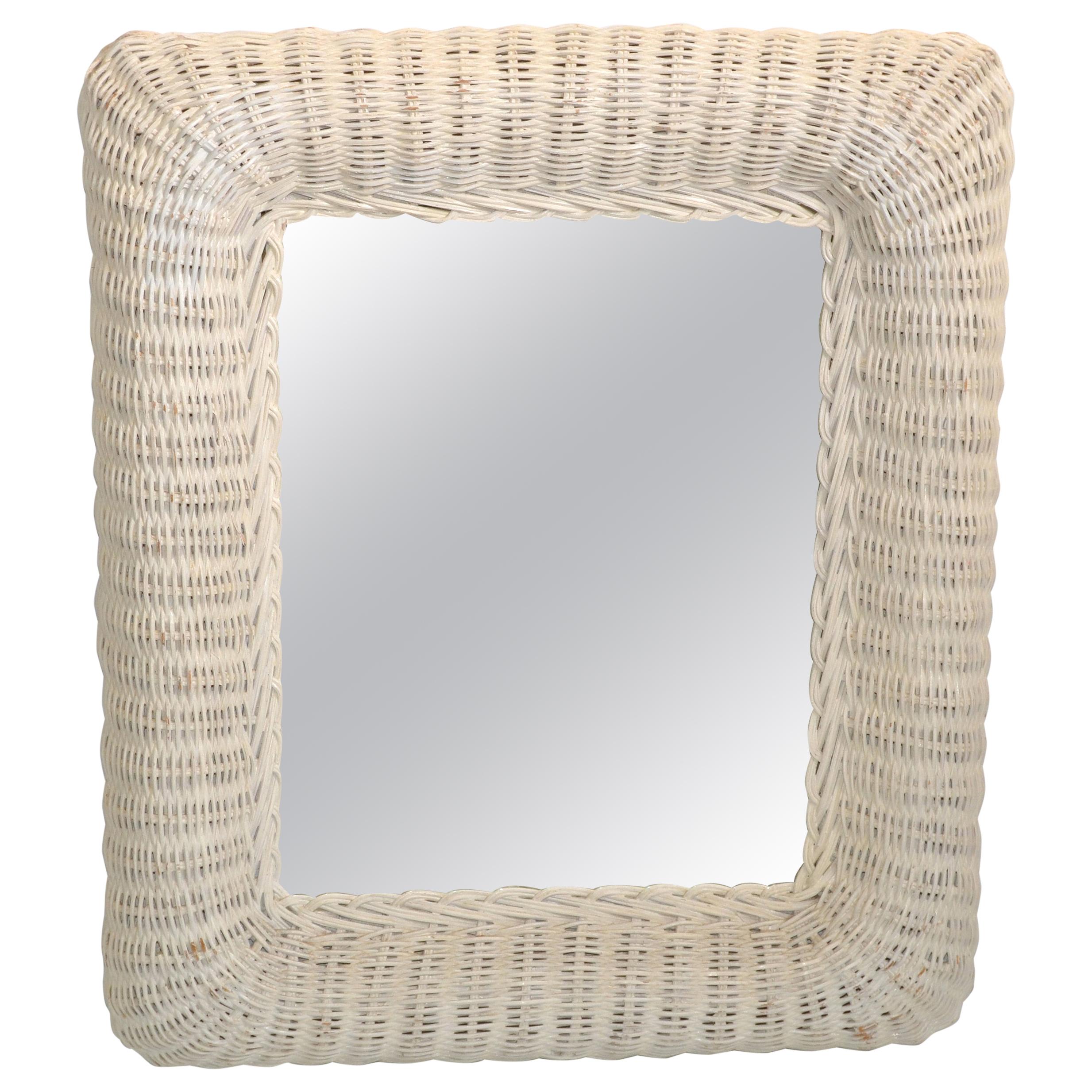 Mid-Century Modern Rectangular Handmade White Finished Wicker & Wood Wall Mirror