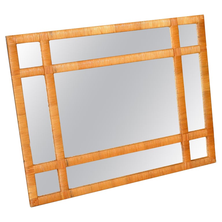 MidCentury Modern Rectangular Handwoven Rattan Wicker Wall Mirror For