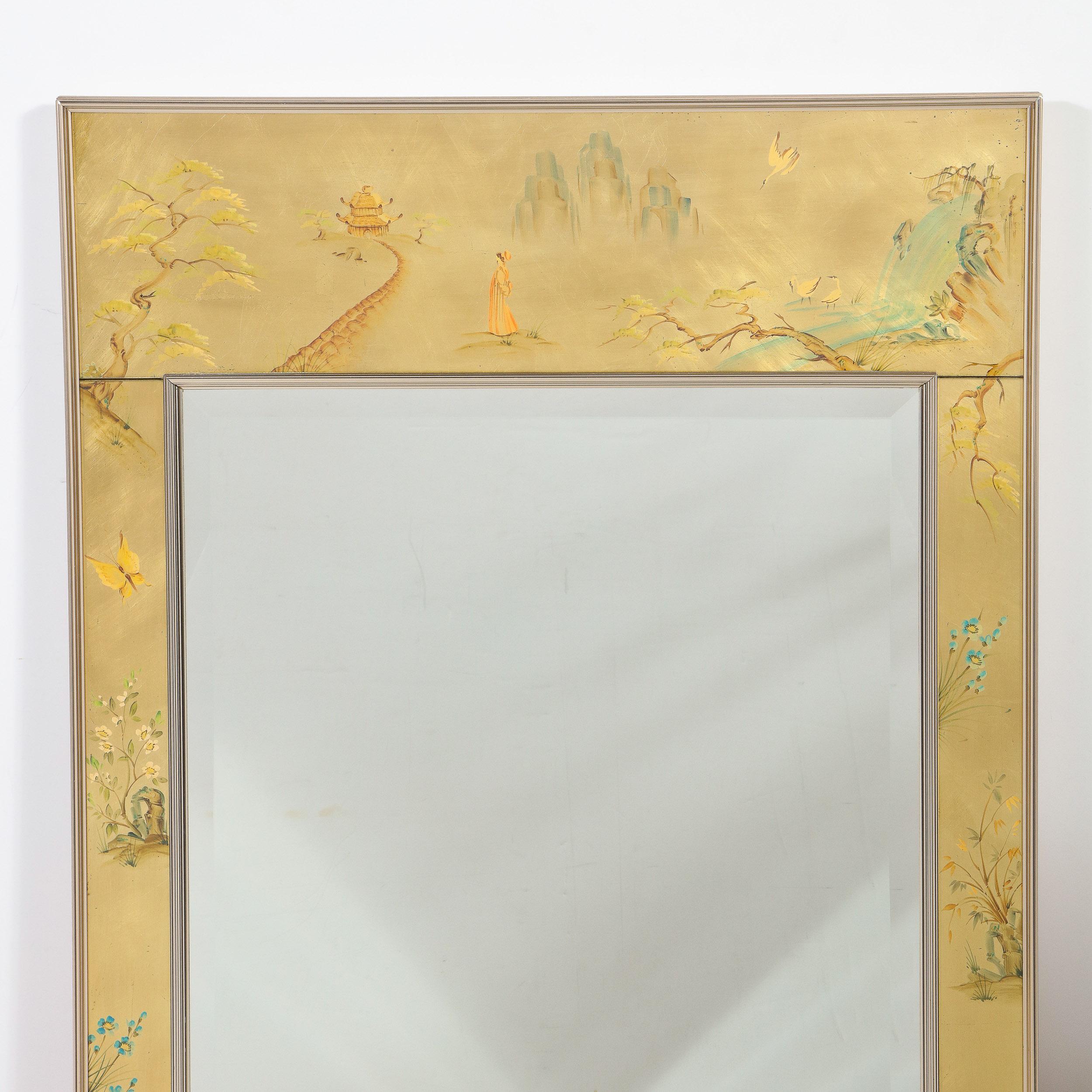 American Mid-Century Modern Rectangular La Barge Hand Painted Églomisé Chinoiserie Mirror