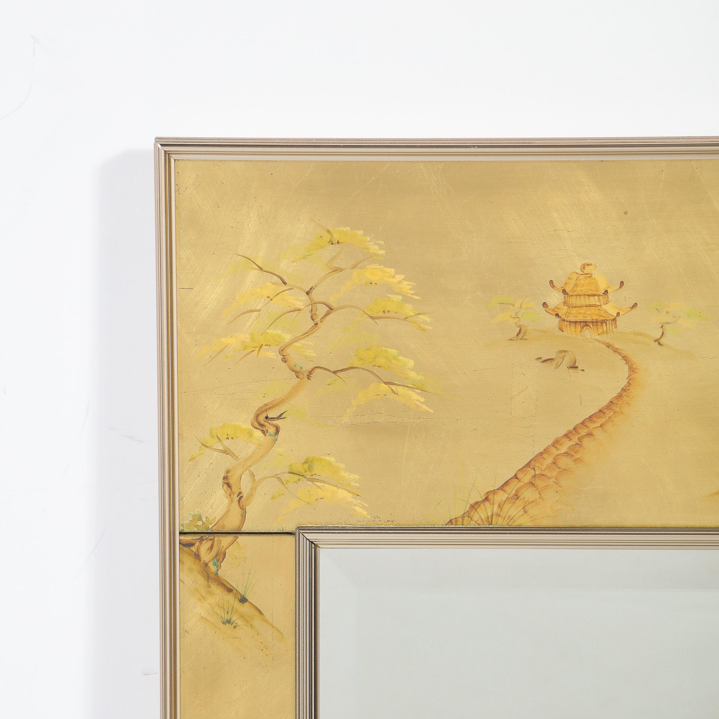 Mid-Century Modern Rectangular La Barge Hand Painted Églomisé Chinoiserie Mirror In Excellent Condition In New York, NY