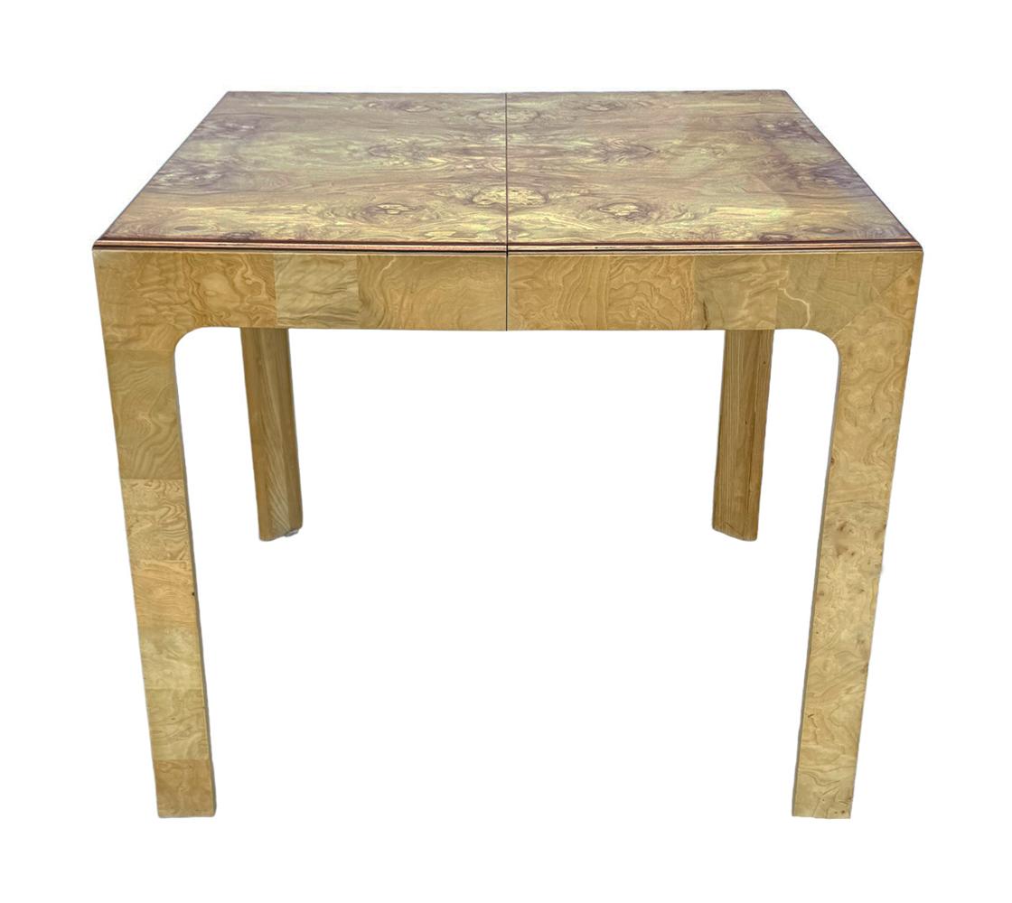 American Mid-Century Modern Rectangular Parsons Small Scale Dining Table in Burl Wood For Sale