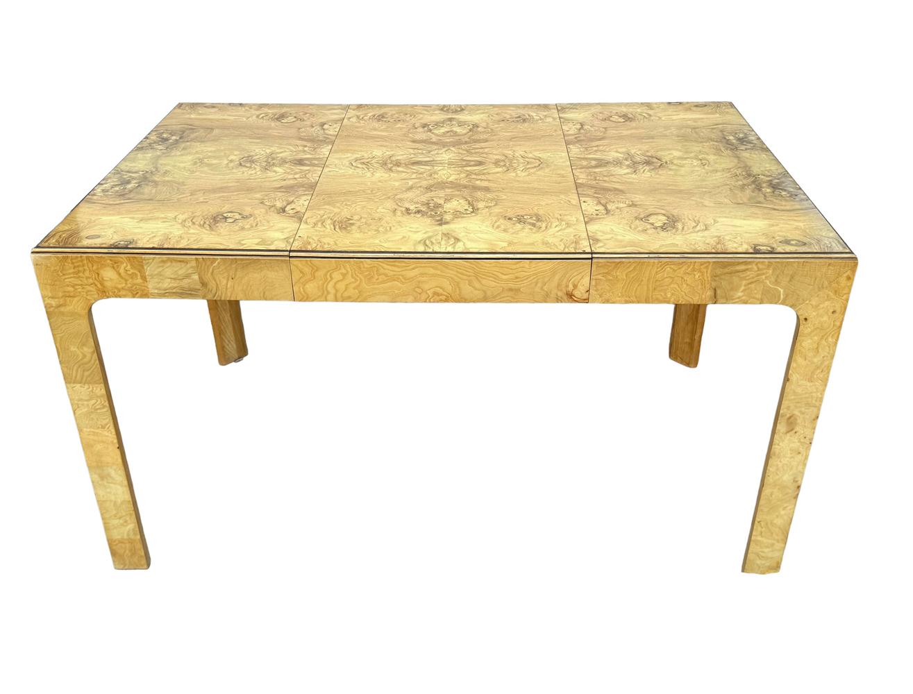 Mid-Century Modern Rectangular Parsons Small Scale Dining Table in Burl Wood In Good Condition For Sale In Philadelphia, PA