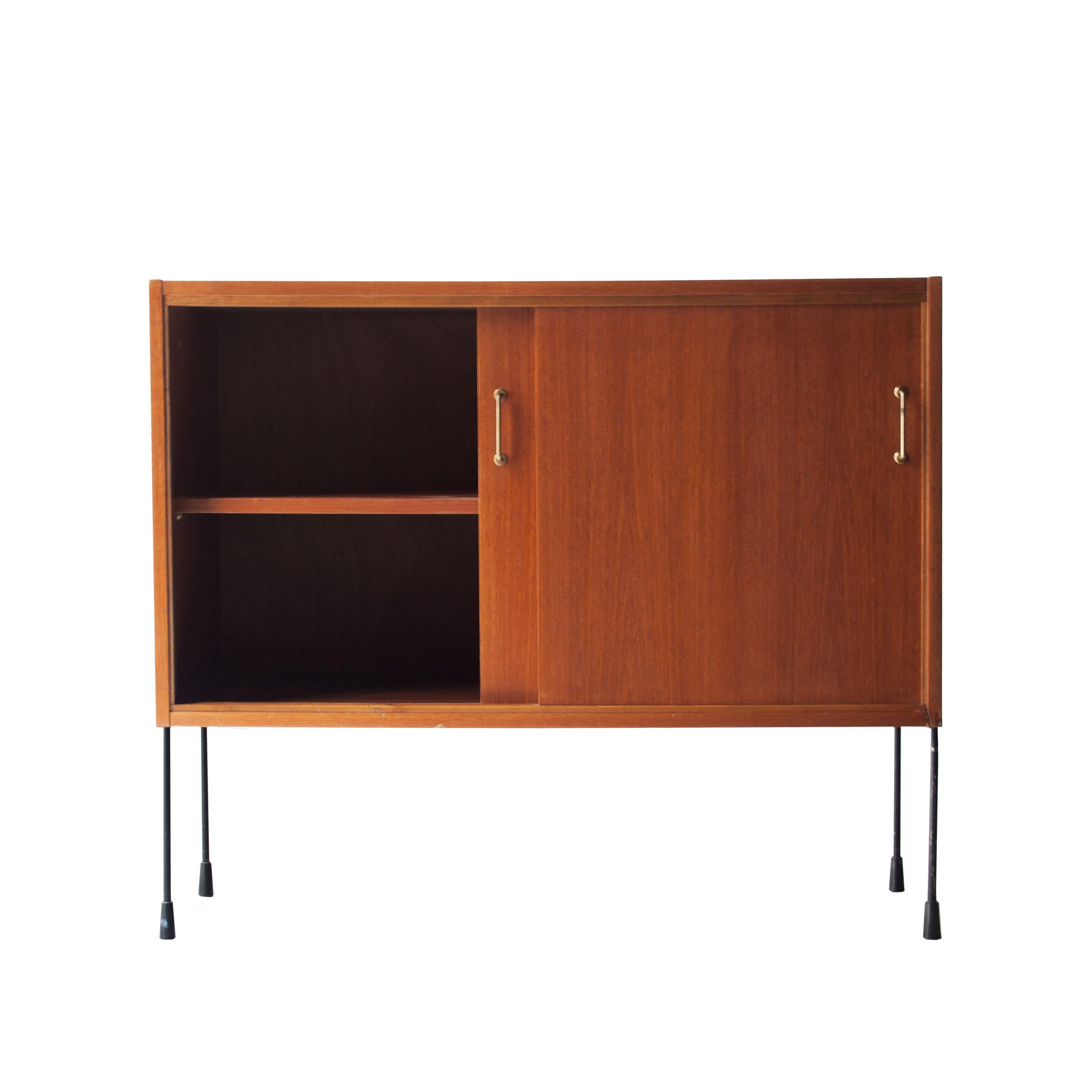 Lacquered Mid-Century Modern Rectangular Rosewood Brass Metal Black French Sideboard, 1960